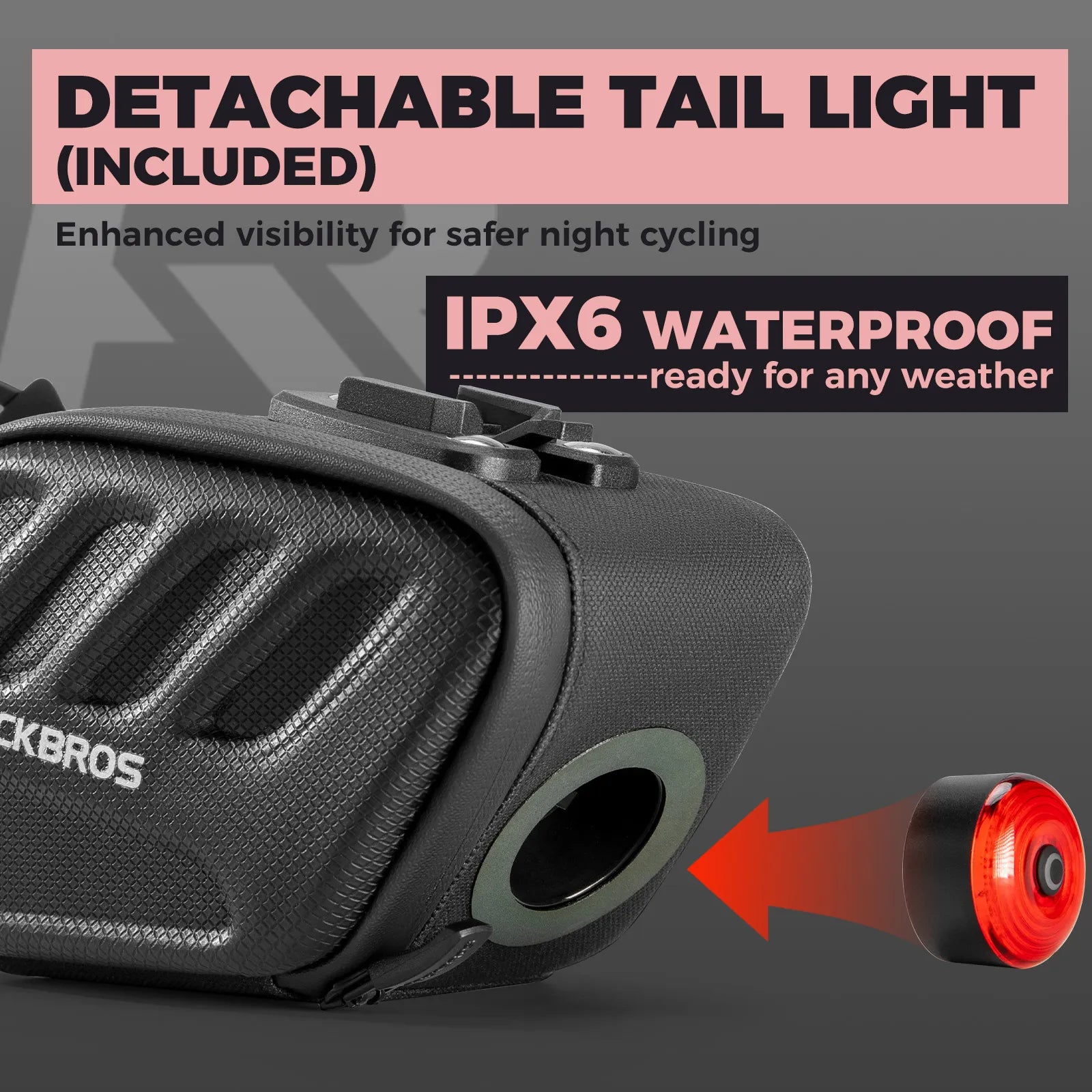 ROCKBROS C61 compact 0.45L hard shell bike saddle bag with integrated smart tail light