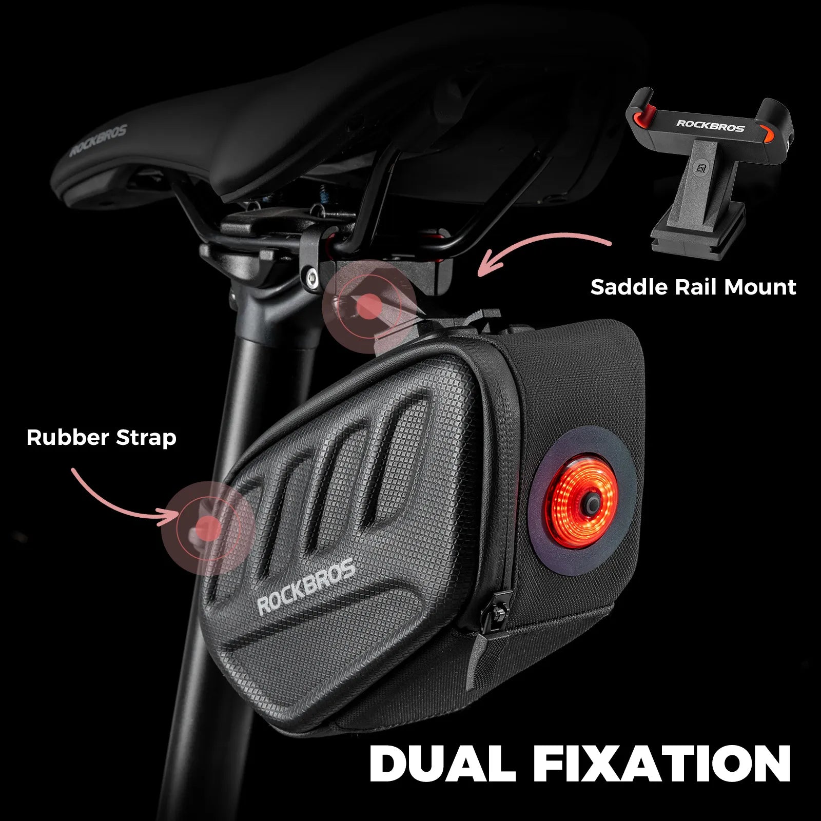 ROCKBROS C61 compact 0.45L hard shell bike saddle bag with integrated smart tail light