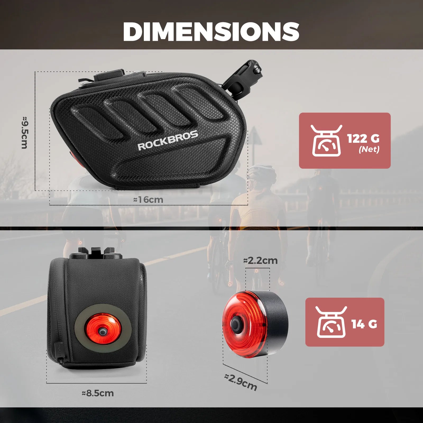 ROCKBROS C61 compact 0.45L hard shell bike saddle bag with integrated smart tail light