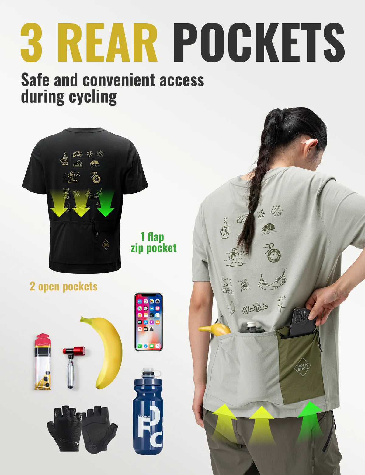 ROCKBROS Comfort Ride cycling jersey back view showing rear storage pockets and reflective safety details.
#color_black