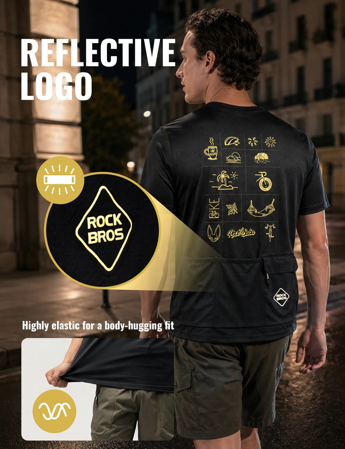ROCKBROS Comfort Ride cycling jersey back view showing rear storage pockets and reflective safety details.
#color_black