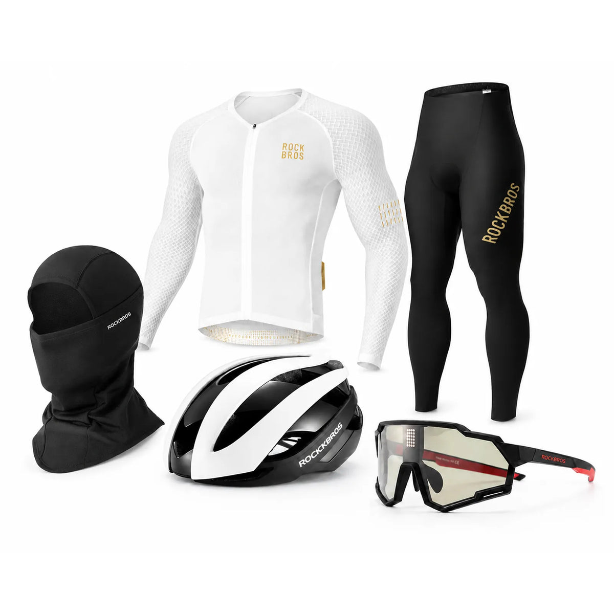 ROCKBROS Complete Winter Cycling Kit with helmet, eyewear, jersey, tights and winter face cover.
#color_white