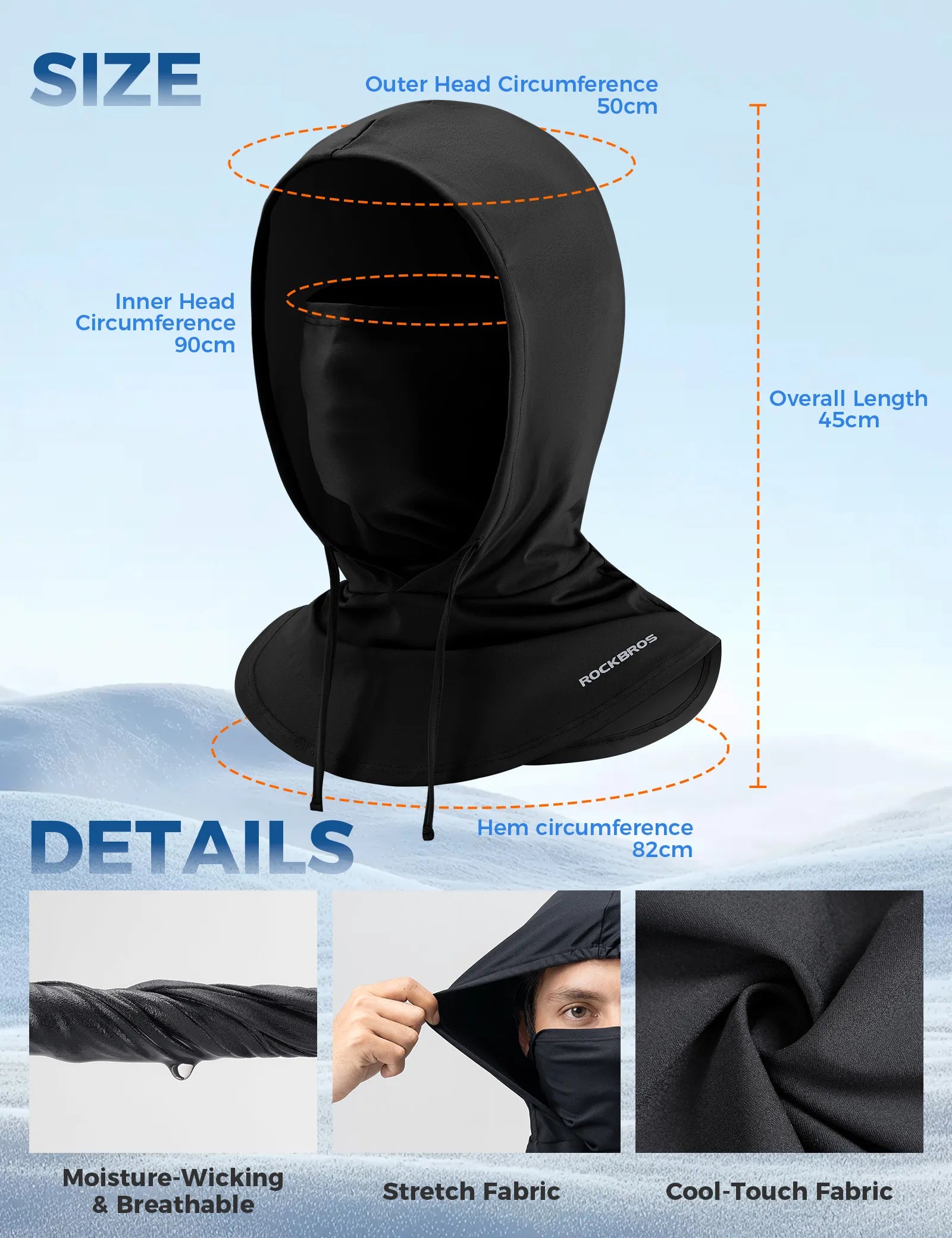 ROCKBROS cooling full face balaclava helmet liner in black for sun protection.
#color_black