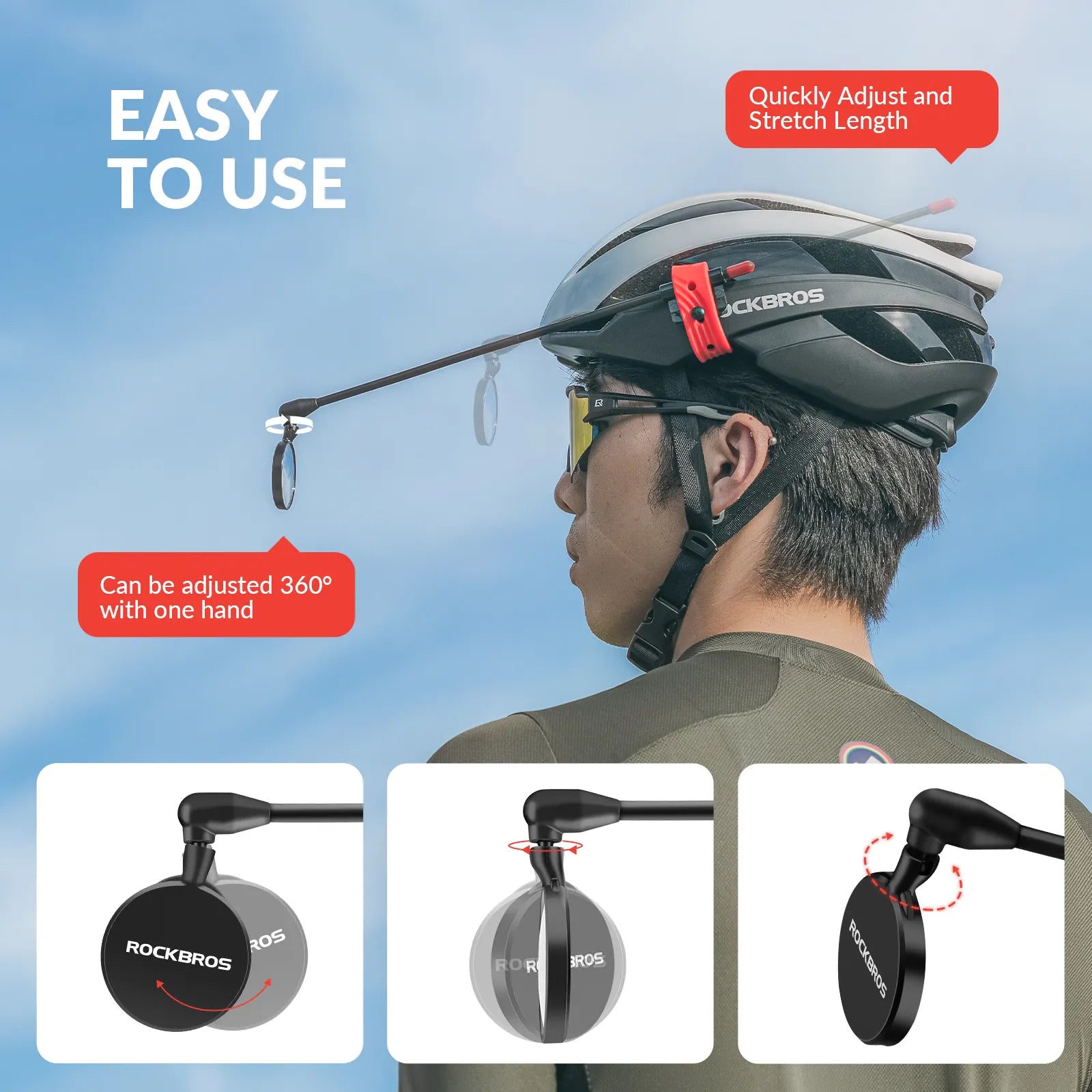 ROCKBROS cycling helmet rear view mirror with adjustable and extendable arm.
#color_black