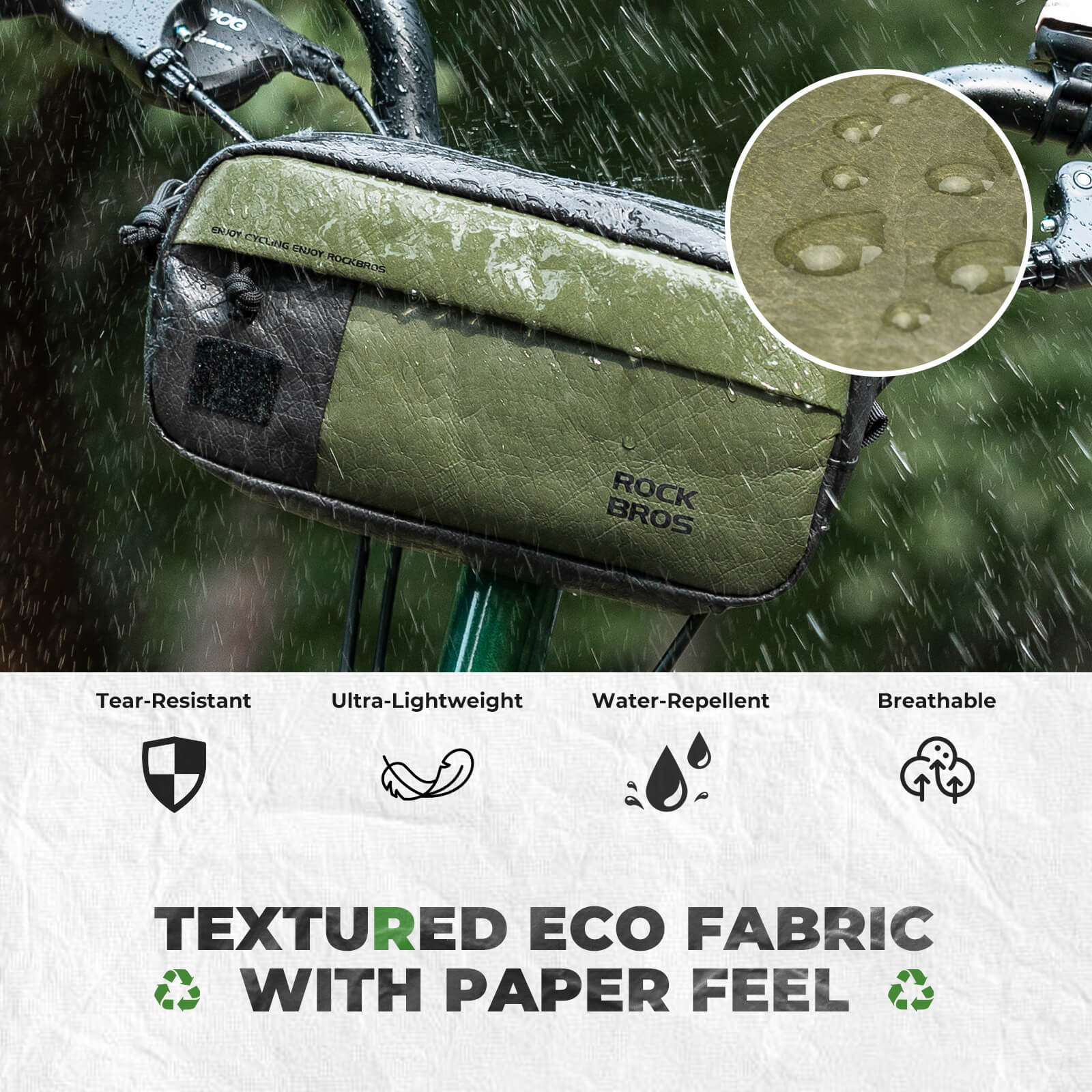 rockbros lightweight bike front bag made with tear-resistant paper material.