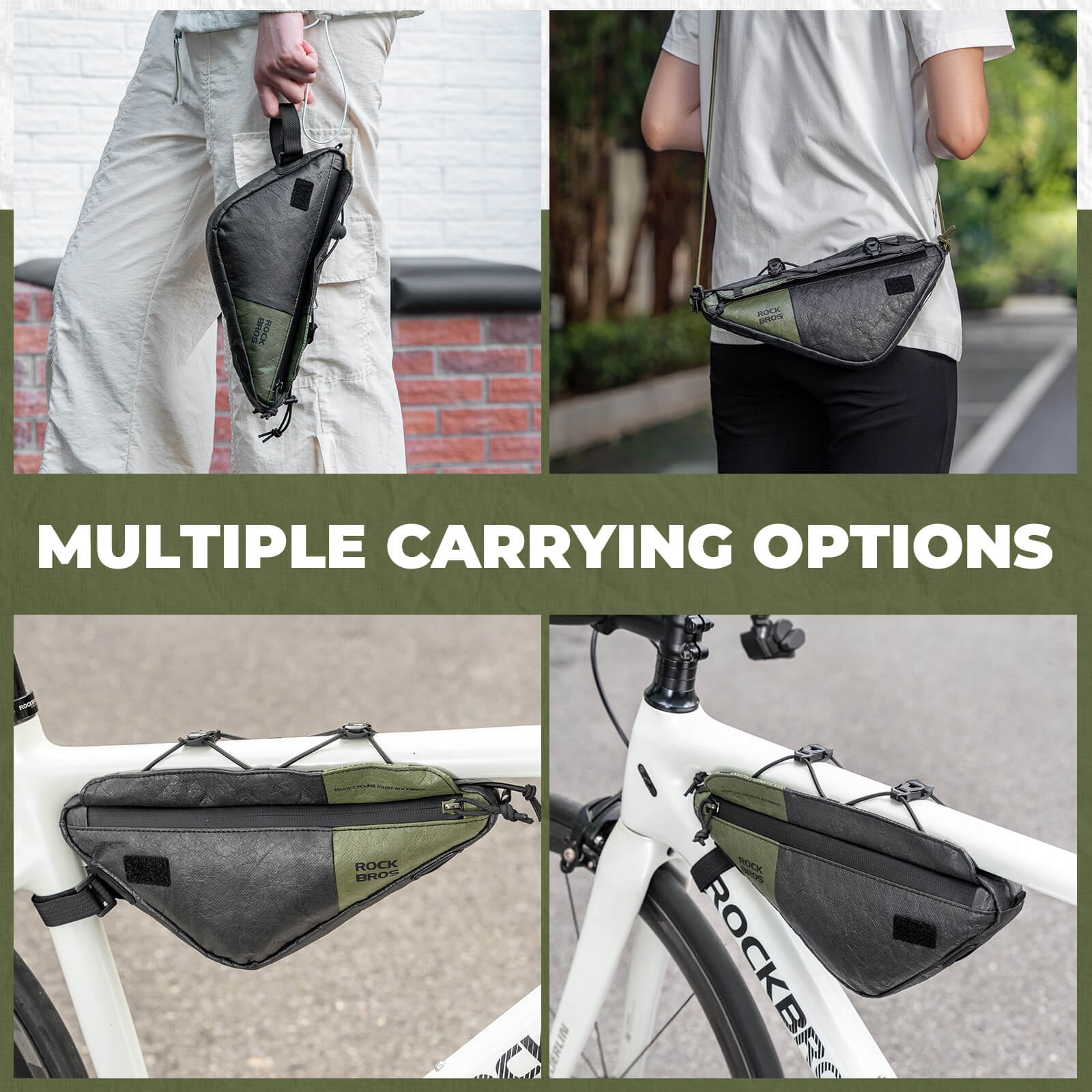 rockbros green triangle frame bag 0.7L for road and mountain bikes.