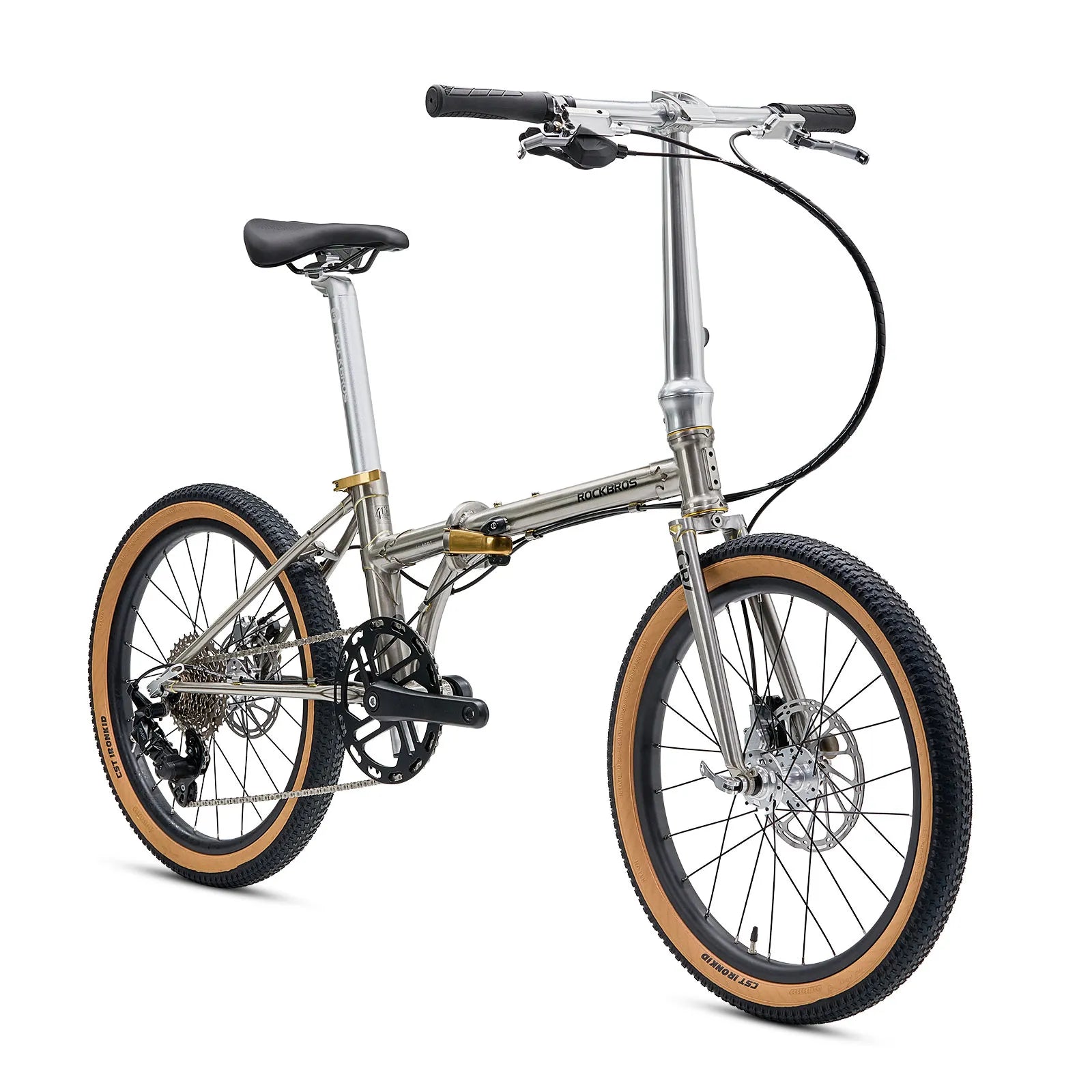 Rockbros Garvis 20 inch chromoly steel folding bike with 9-speed drivetrain.
#color_Raw Steel