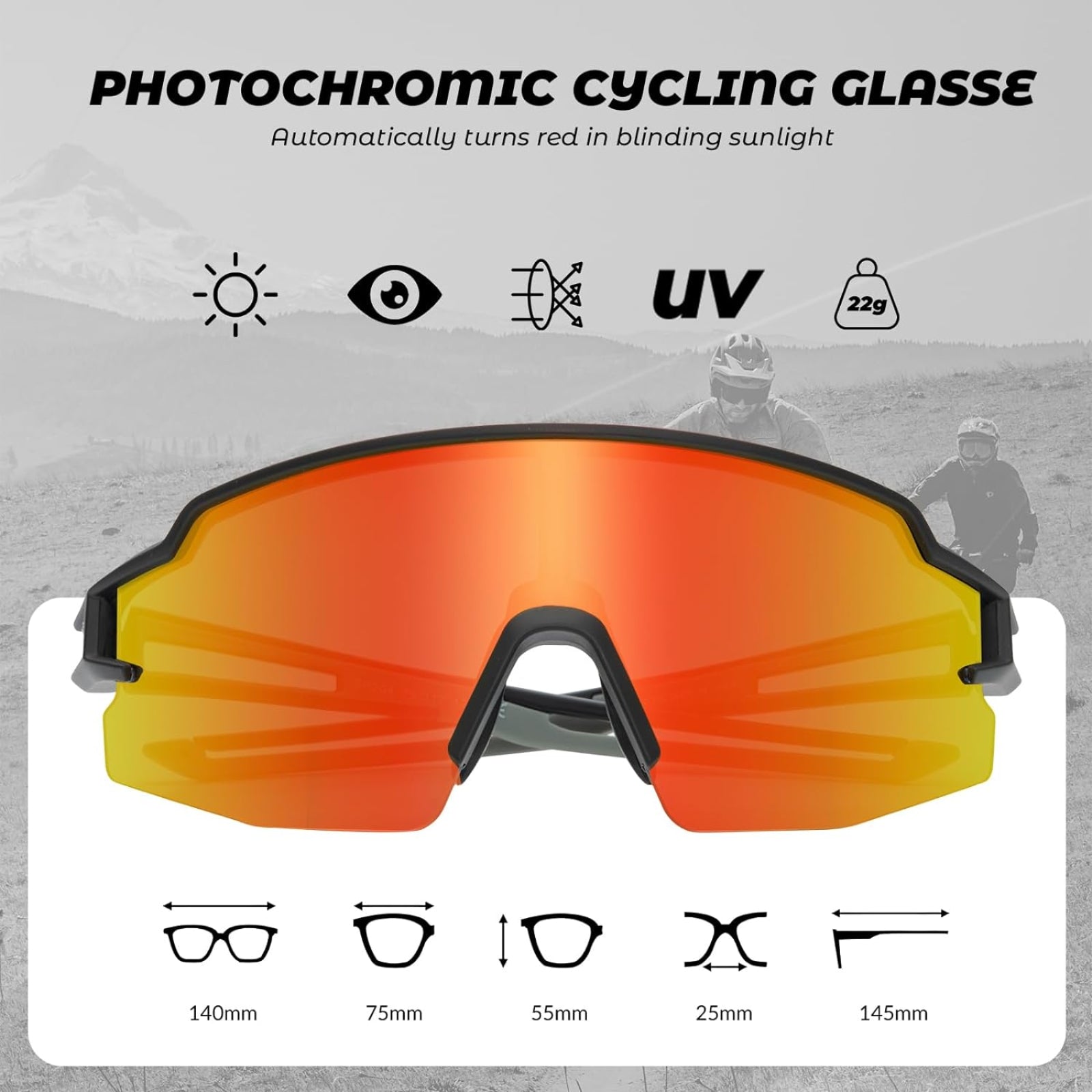 rockbros photochromic cycling glasses with uv protection#color_Black frame with photochromic red lens