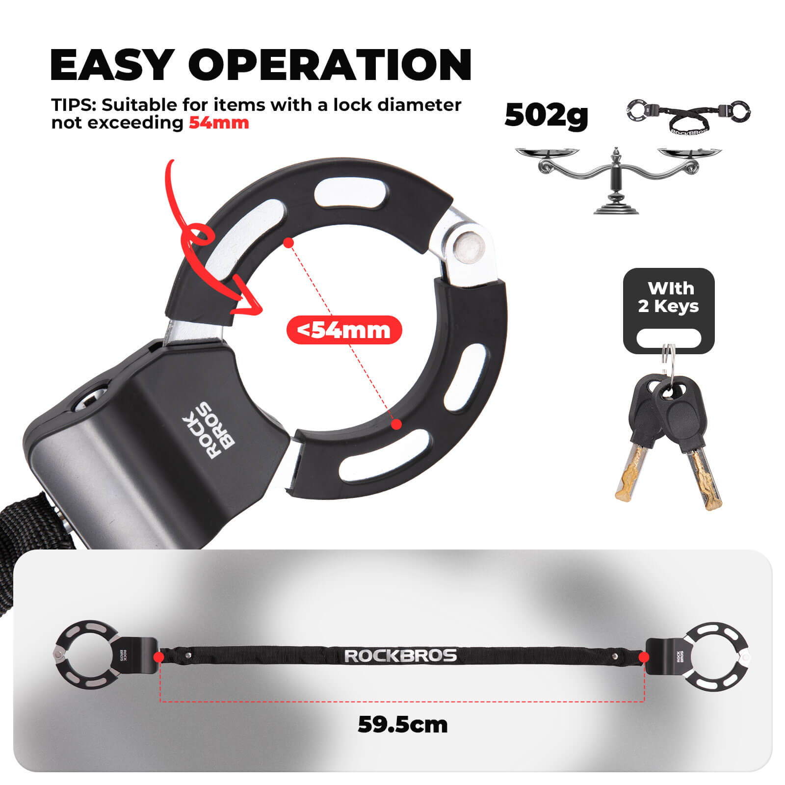 ROCKBROS Heavy Duty Bike Chain Lock - Anti-Theft Bicycle and Electric Scooter Lock with 2 Keys, 3.2ft Wear-Resistant Steel Chain.