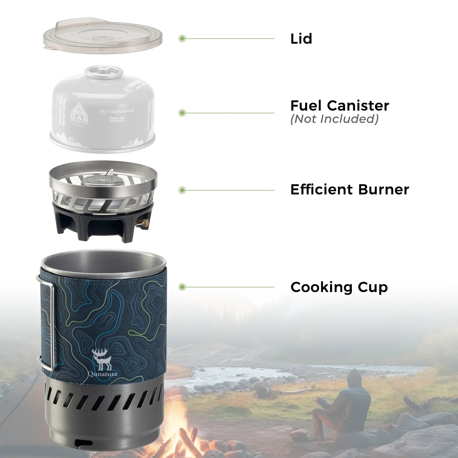 Qunature Portable High-Efficiency Camping Stove System with Integrated Pot for Hiking.
#color_khaki