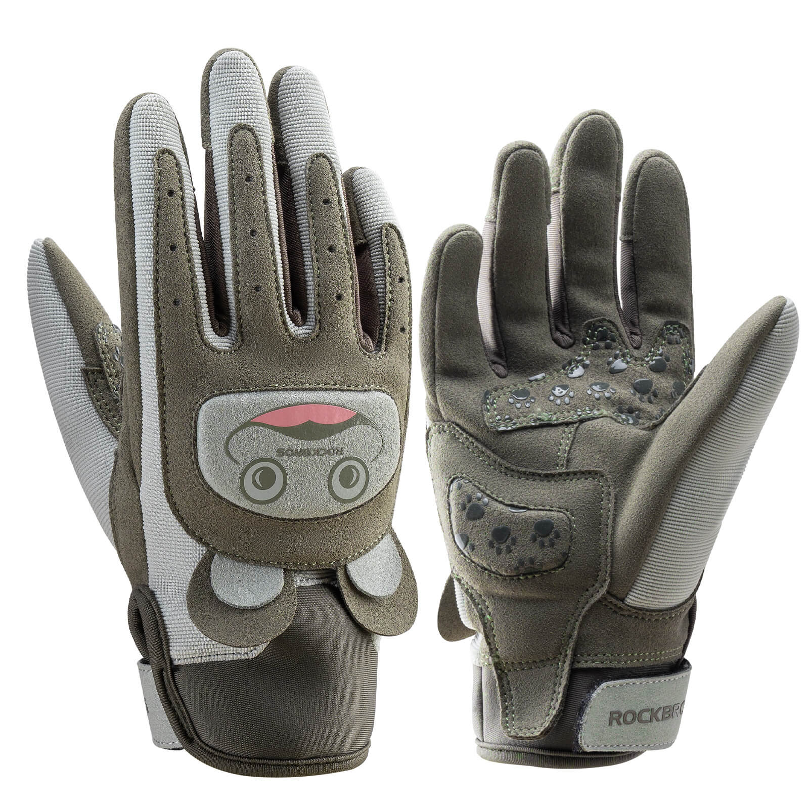 rockbros kids anti-slip full finger cycling gloves for children riding bikes.
#color_green