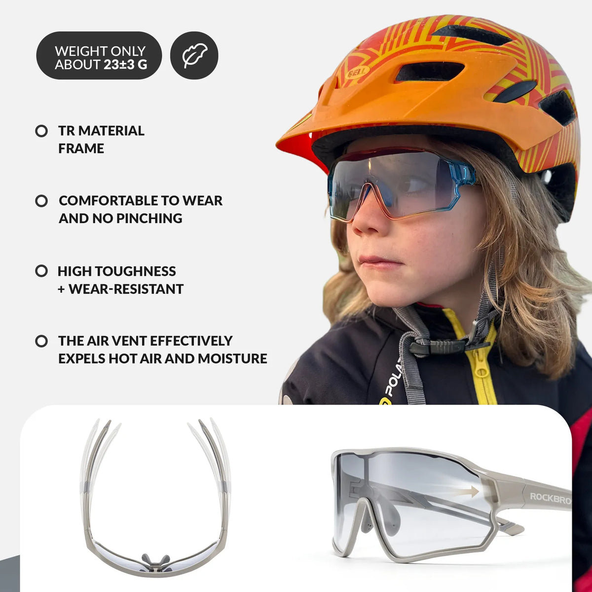 ROCKBROS kids photochromic bike sunglasses with adjustable frame.
#color_blue