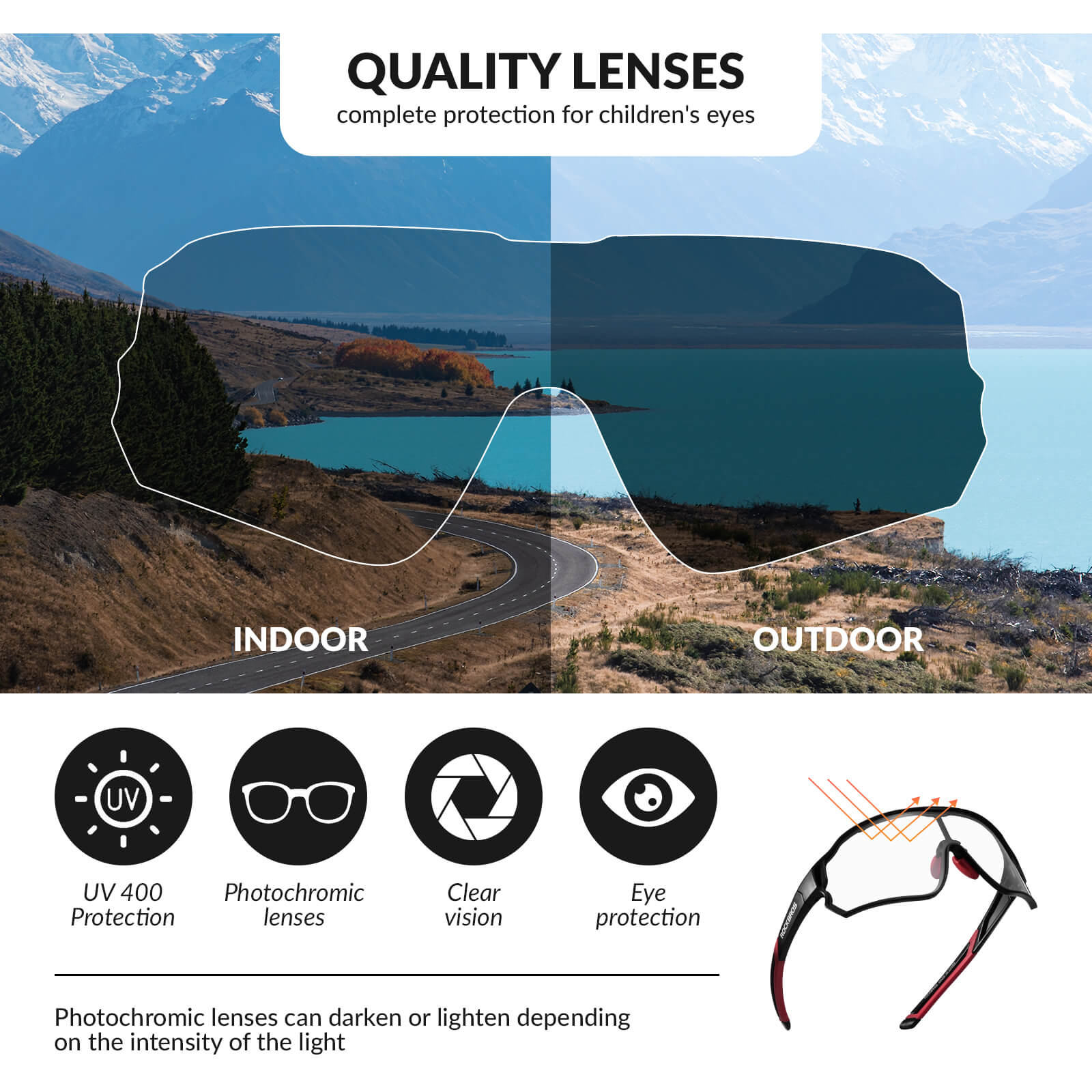 ROCKBROS kids photochromic bike sunglasses with adjustable frame.
#color_black