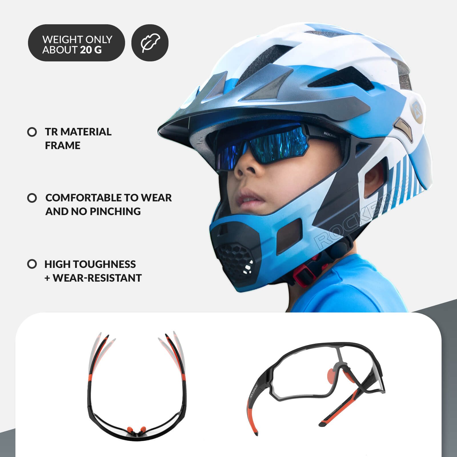 ROCKBROS kids photochromic bike sunglasses with adjustable frame.
#color_black