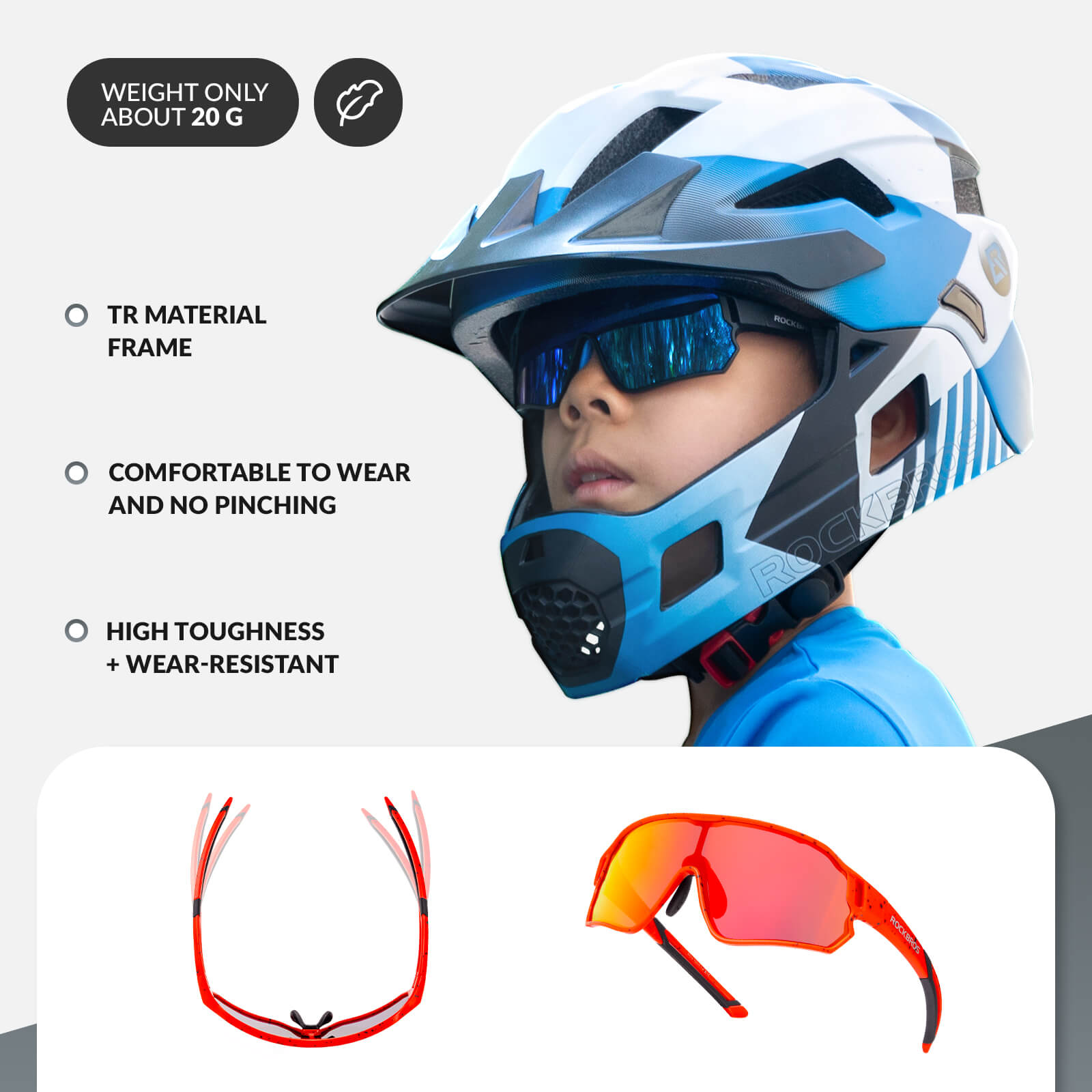 ROCKBROS polarised kids cycling sunglasses worn by child.
#color_red