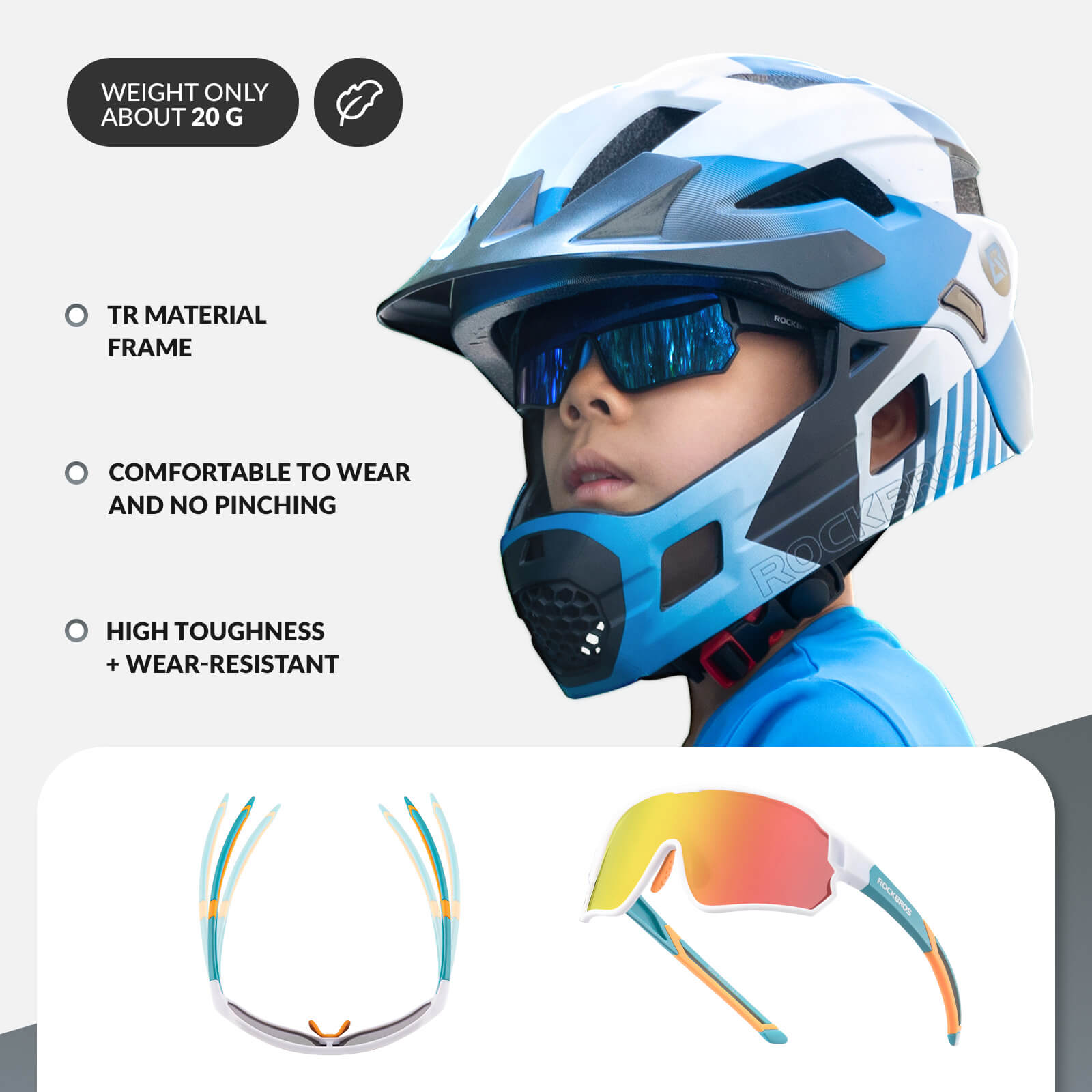 ROCKBROS polarised kids cycling sunglasses worn by child.
#color_teal green