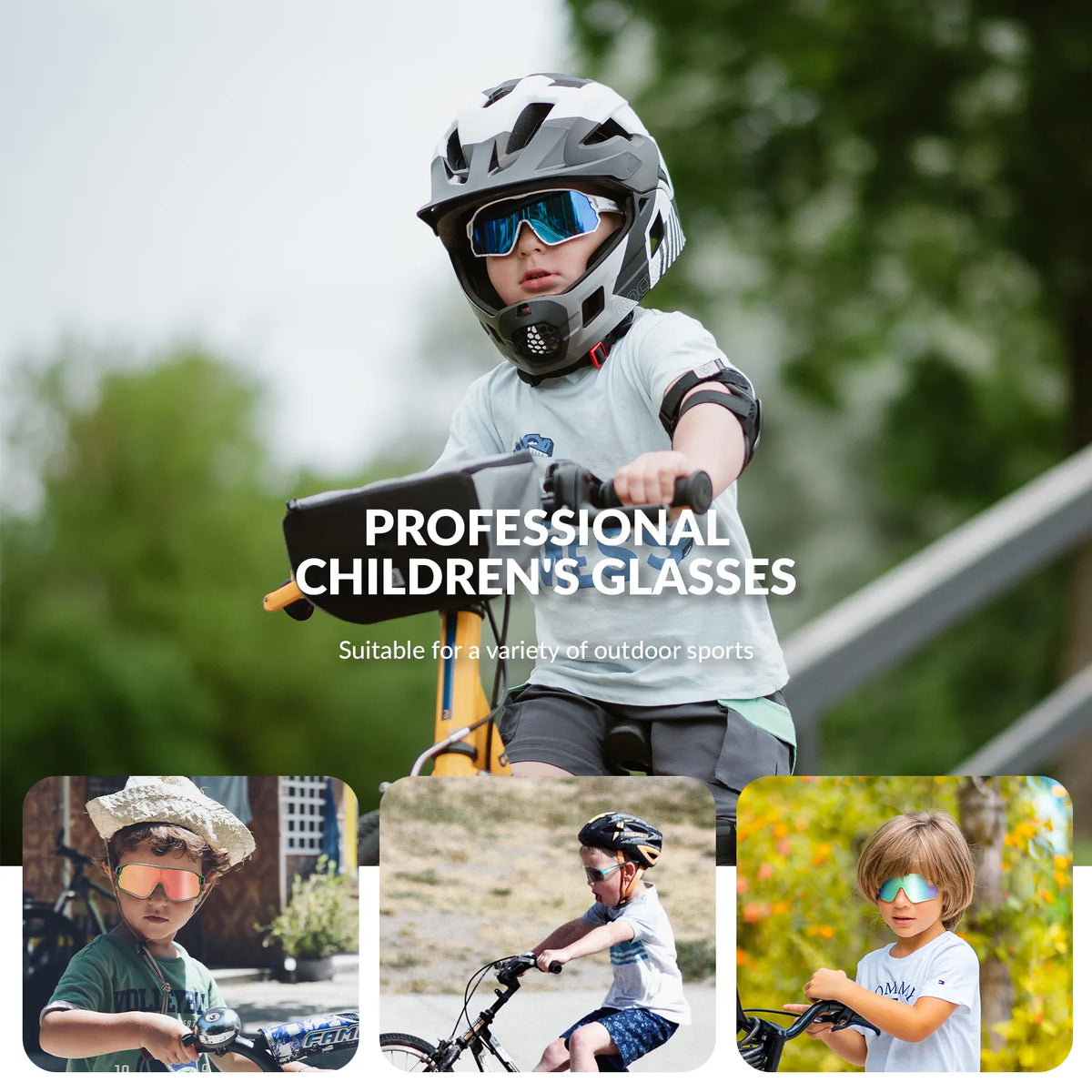 ROCKBROS polarised kids cycling sunglasses worn by child.
#color_white