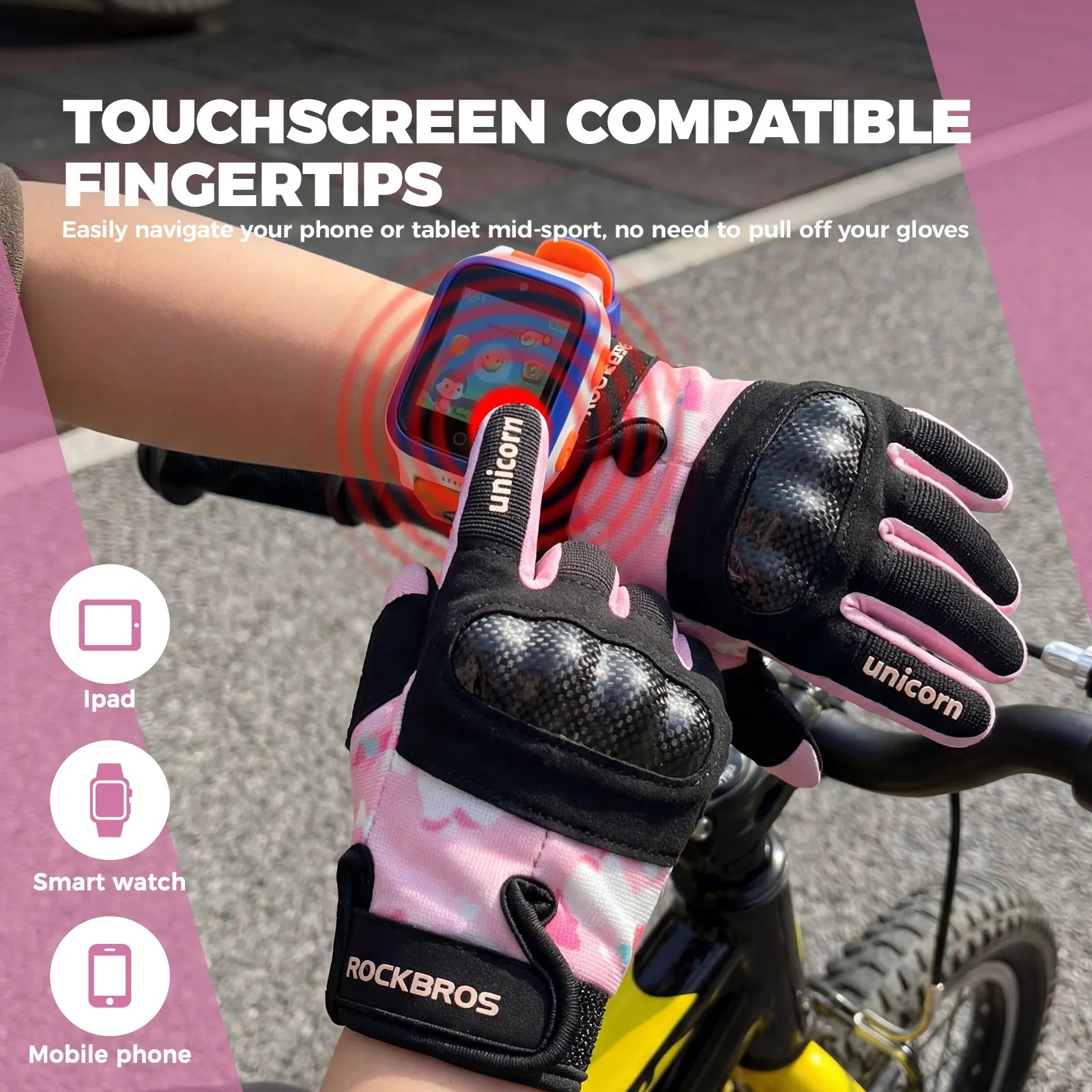 ROCKBROS Kids Full Finger Sports Gloves with Impact Resistant PVC Knuckle Guard for Cycling and BMX.
#color_pink