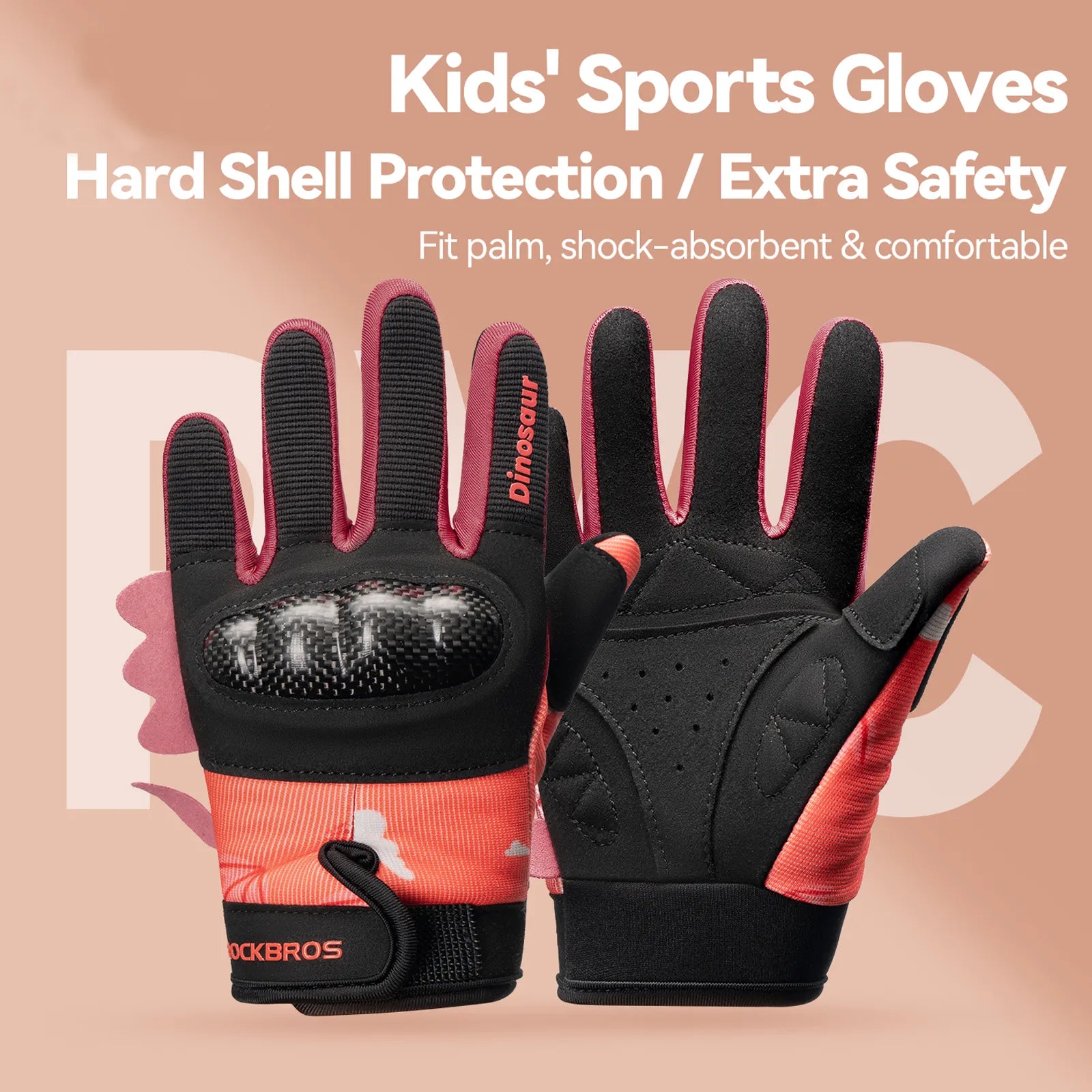 ROCKBROS Kids Full Finger Sports Gloves with Impact Resistant PVC Knuckle Guard for Cycling and BMX.
#color_red