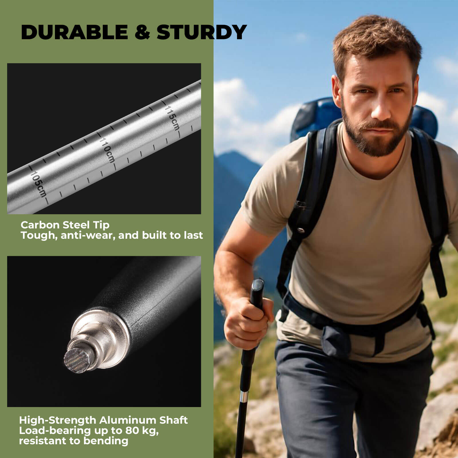 qunature ultralight 3-section trekking pole for outdoor trekking.
#color_green