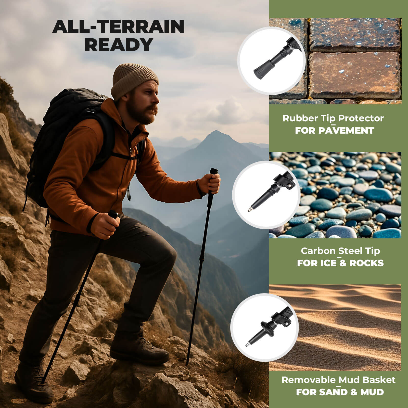 qunature ultralight 3-section trekking pole for outdoor trekking.
#color_green