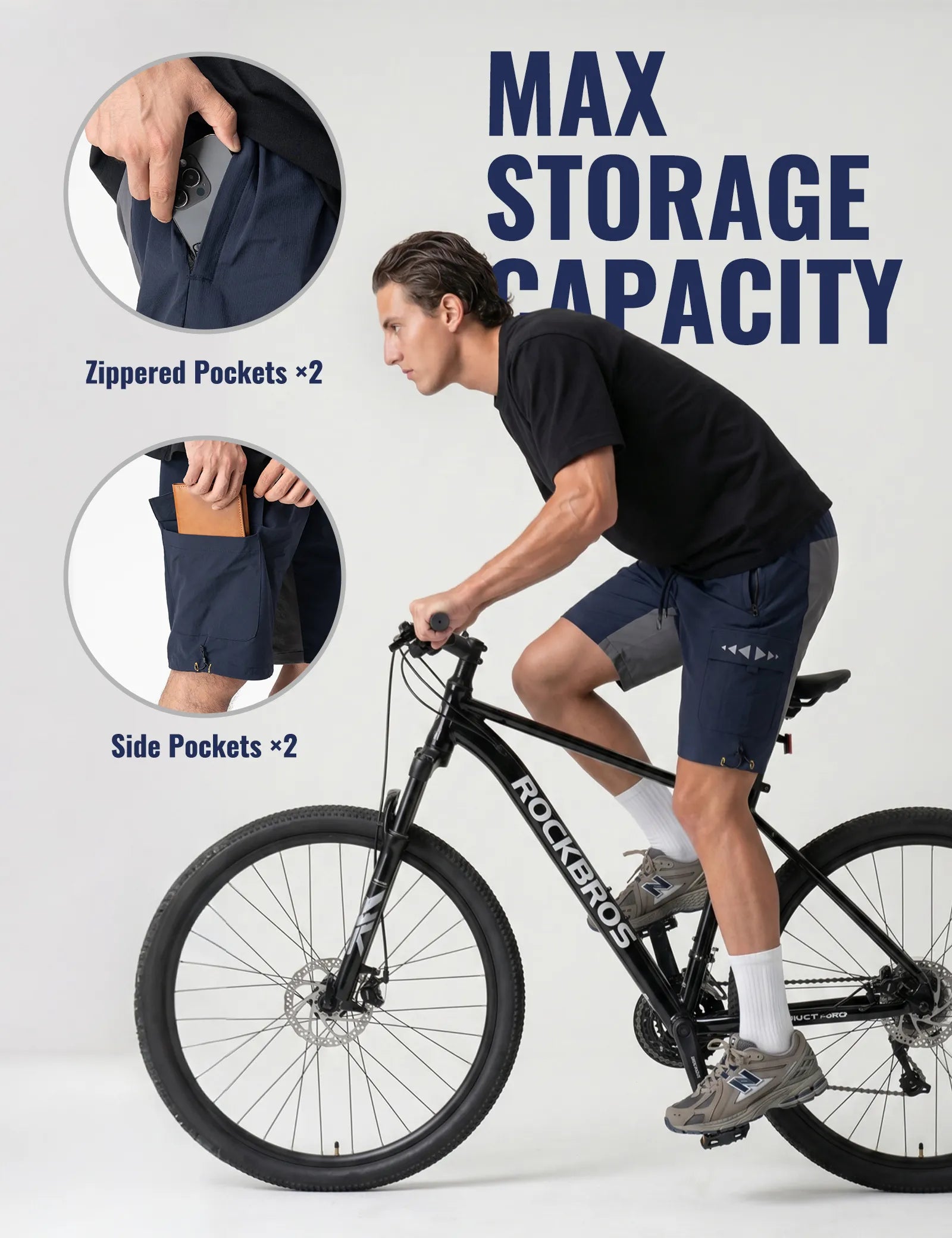 Rockbros men's MTB cycling shorts in black with removable padded liner Trail Series front view