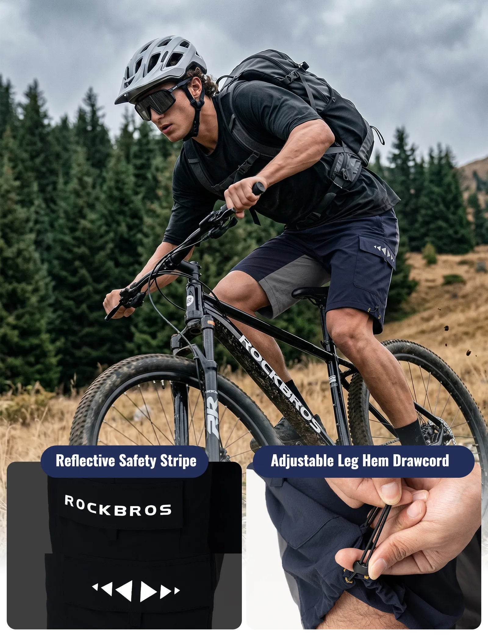 Rockbros men's MTB cycling shorts in black with removable padded liner Trail Series front view