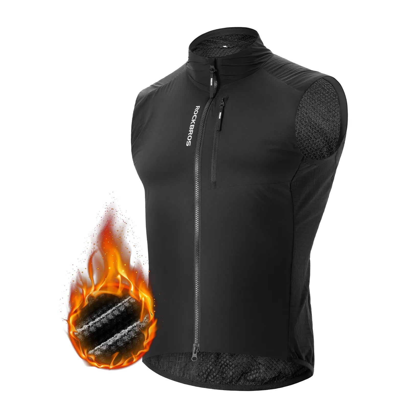 Rockbros fleece-lined thermal cycling vest in black, sleeveless windproof bike gilet for winter riding