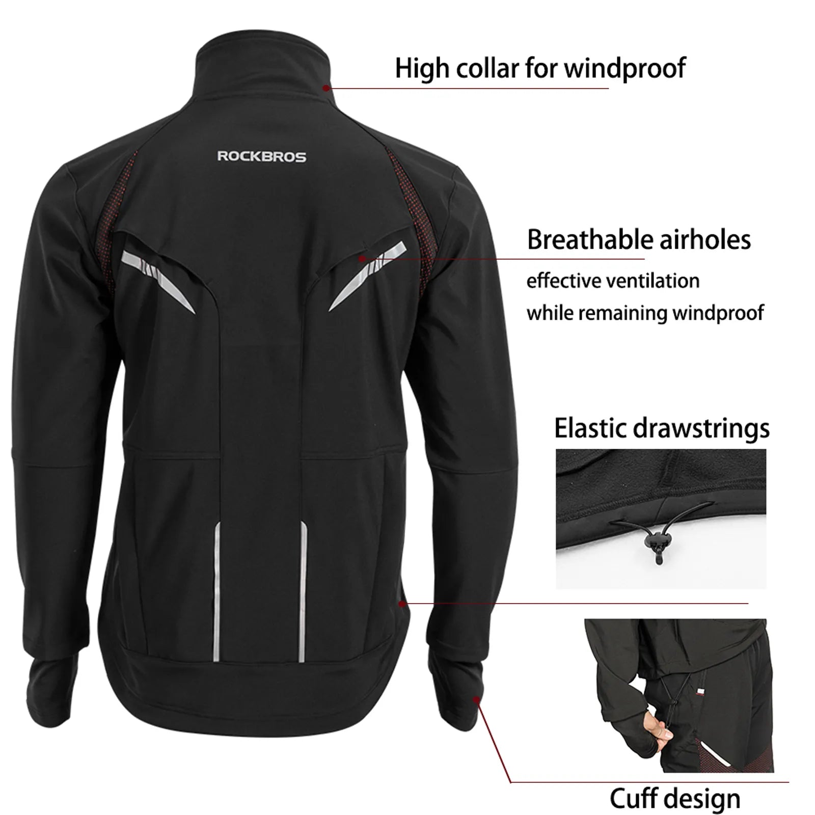 Rockbros men's thermal softshell cycling jacket in black, 3-layer winter protection windproof bike jacket front view