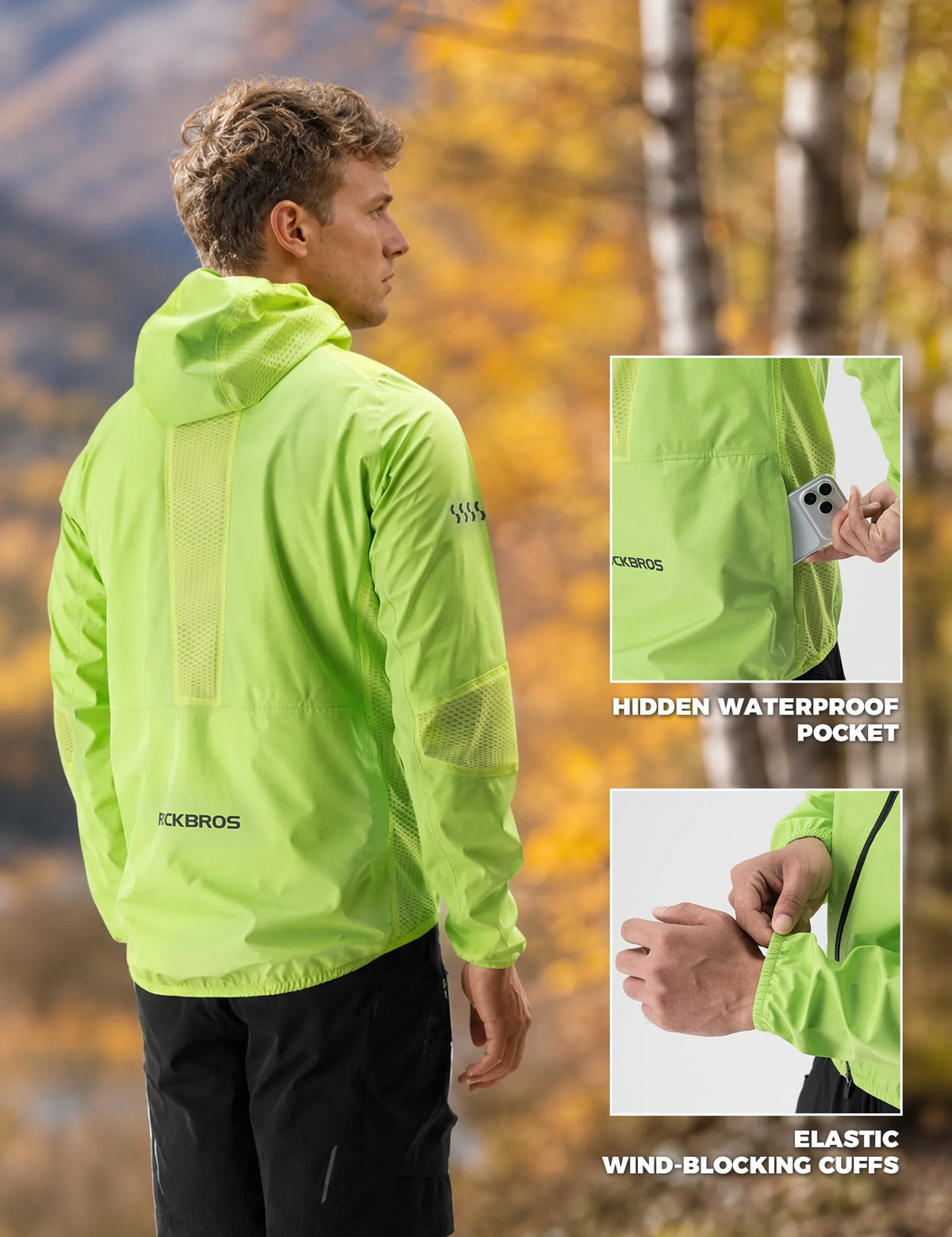ROCKBROS Men’s Waterproof Cycling Jacket 5000mm, High-Visibility Fluorescent Yellow