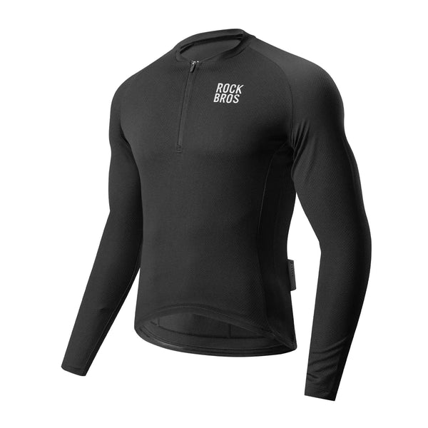 ROCKBROS Men's Zephyra Long Sleeve Cycling Jersey - Lightweight Breathable Half Zip Bike Shirt Front View.
#color_black