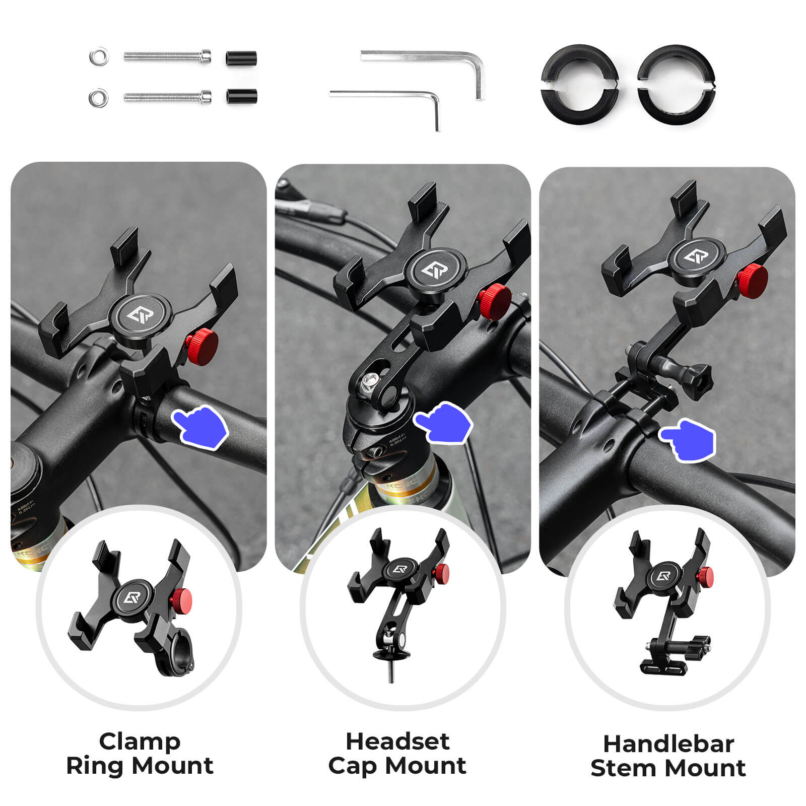 Durable ROCKBROS metal bicycle phone mount for bumpy roads.
#Mounting Style_Stem Bolt Mount