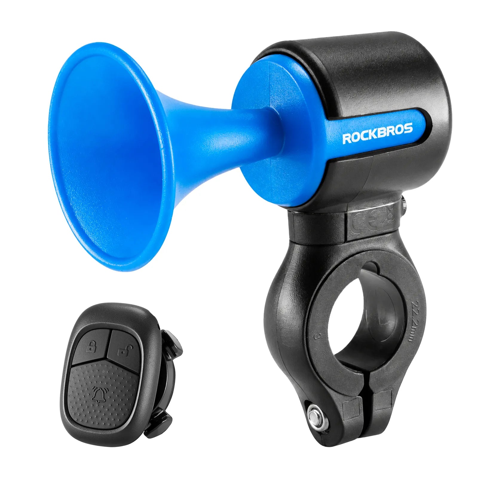 Compact and lightweight design of Rockbros electronic bicycle bell.
#color_blue