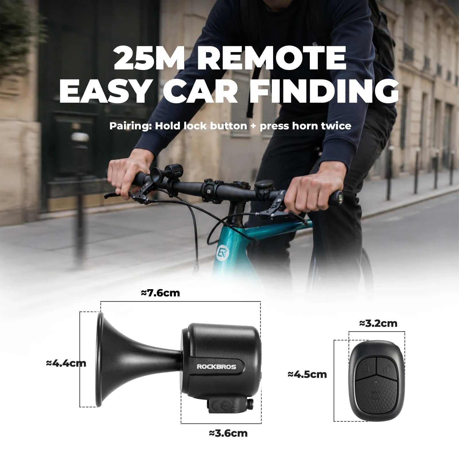 Compact and lightweight design of Rockbros electronic bicycle bell.
#color_blue