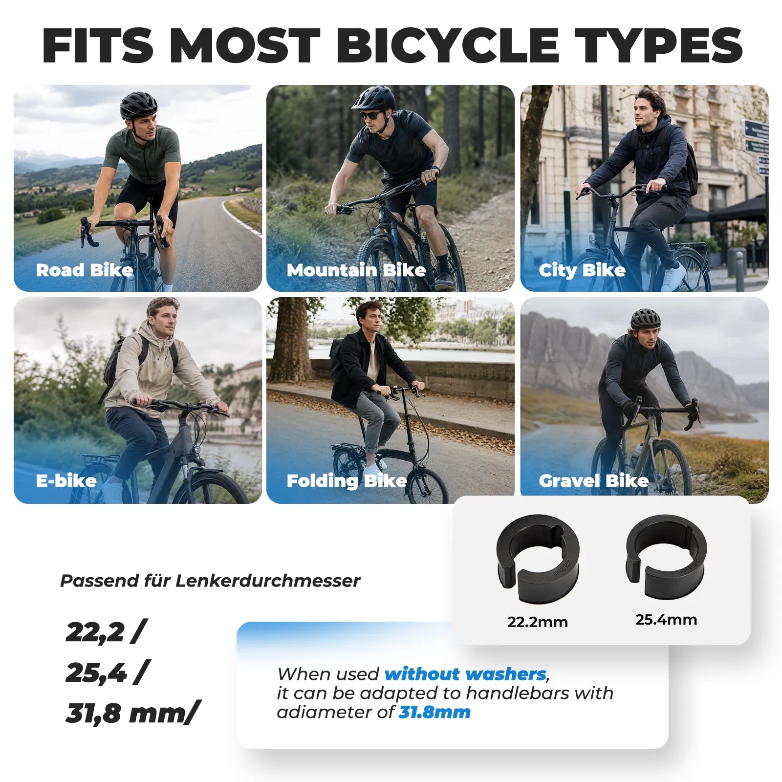 Compact and lightweight design of Rockbros electronic bicycle bell.
#color_blue