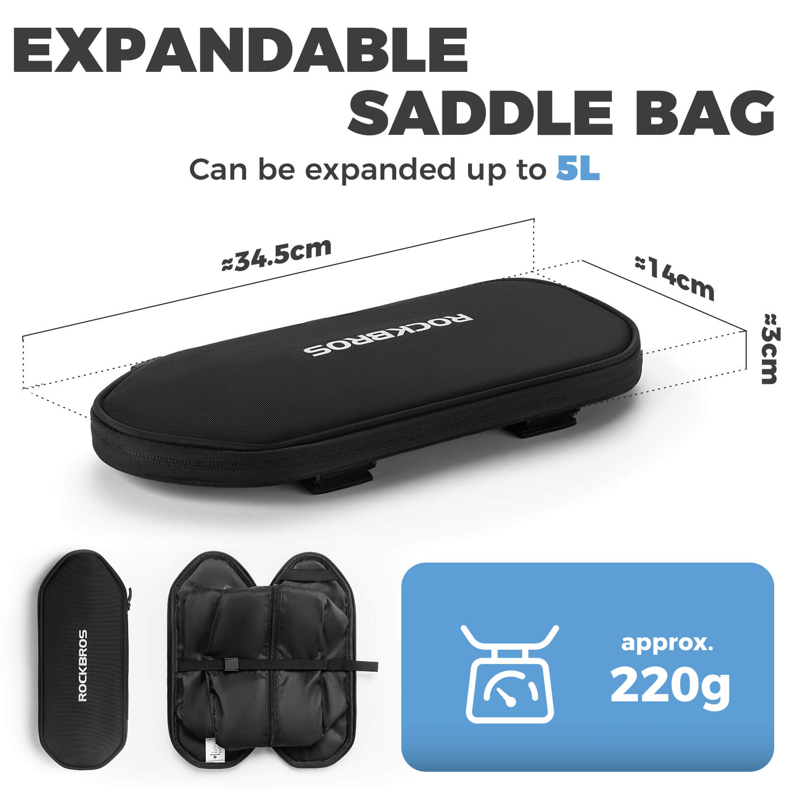 ROCKBROS 5L expandable MTB rear seat bag for mountain bike storage.