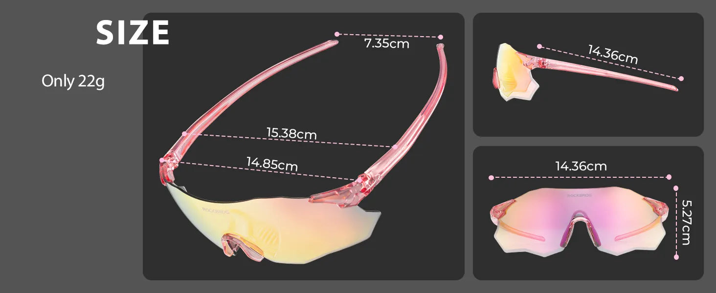 ROCKBROS photochromic cycling glasses lenses, featuring smart technology to adjust tint based on UV intensity for dynamic color adaptability.