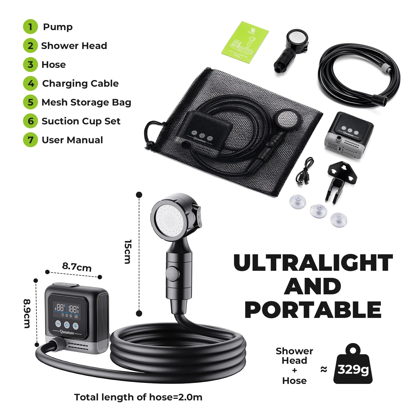 ROCKBROS portable camping shower pump with IPX8 waterproof rating, complete outdoor shower kit with pump, hose, and shower head.