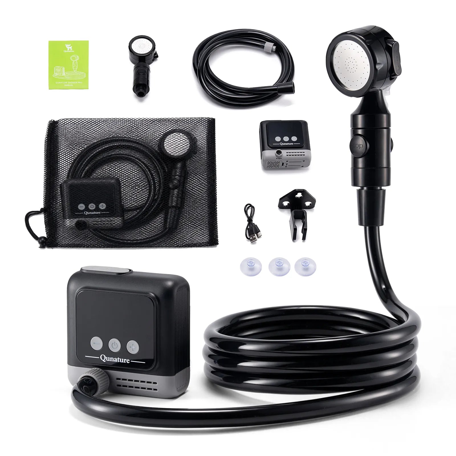 ROCKBROS portable camping shower pump with IPX8 waterproof rating, complete outdoor shower kit with pump, hose, and shower head.