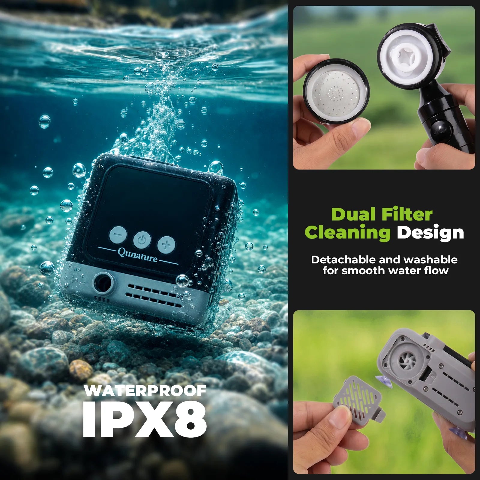 ROCKBROS portable camping shower pump with IPX8 waterproof rating, complete outdoor shower kit with pump, hose, and shower head.