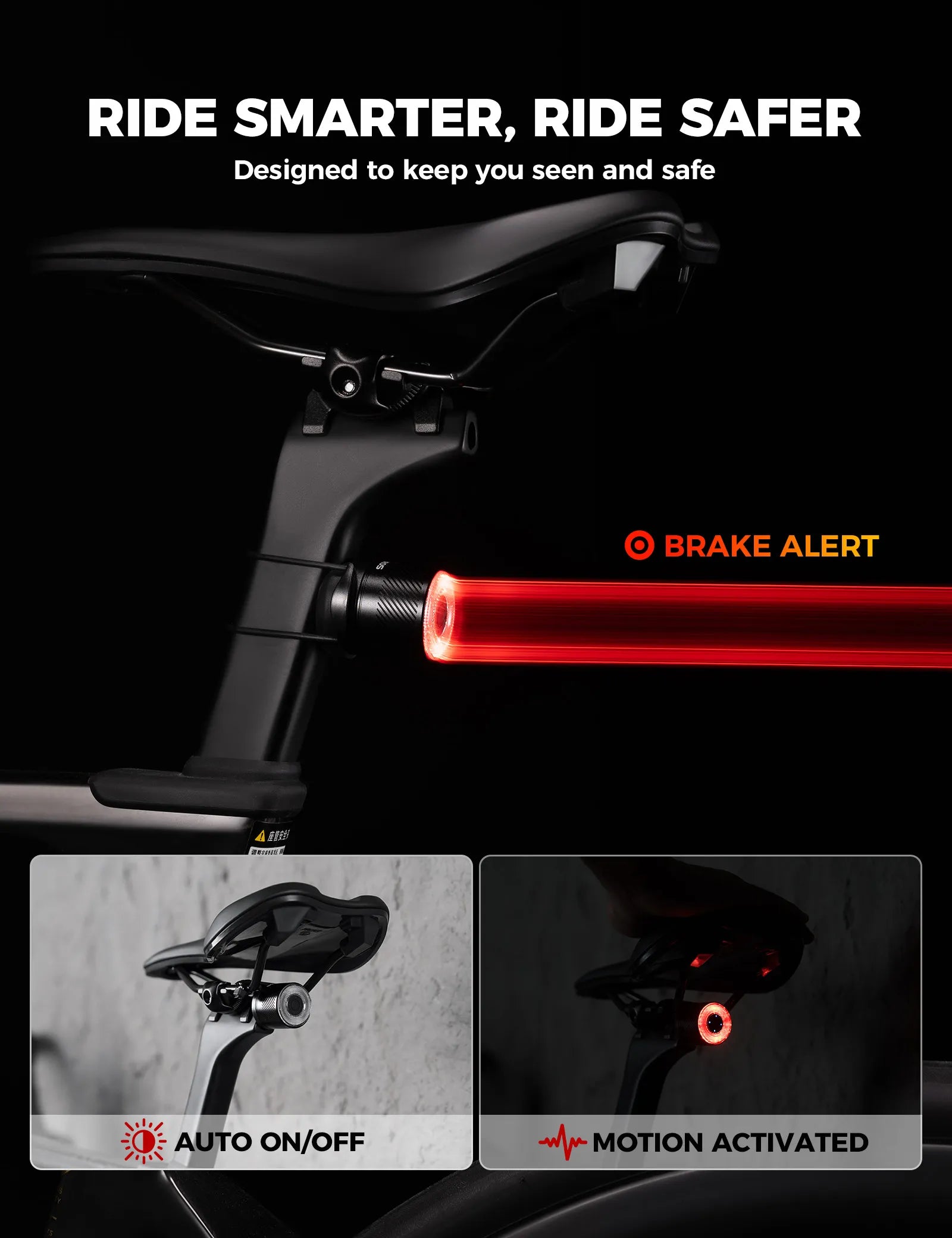 Close-up of ROCKBROS Q1 Ultra Aluminium Bike Tail Light with Smart Vibration Sensor