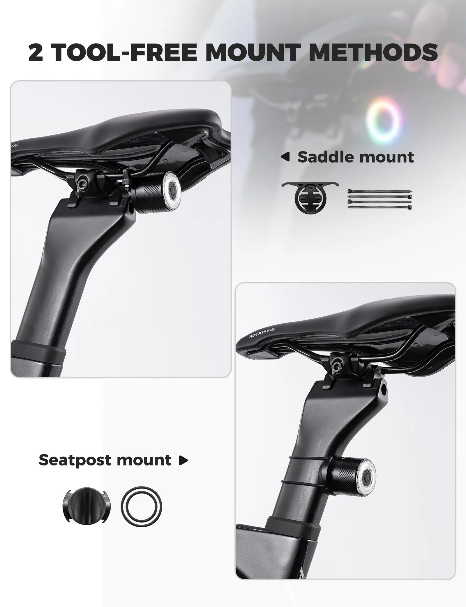 Close-up of ROCKBROS Q1 Ultra Aluminium Bike Tail Light with Smart Vibration Sensor