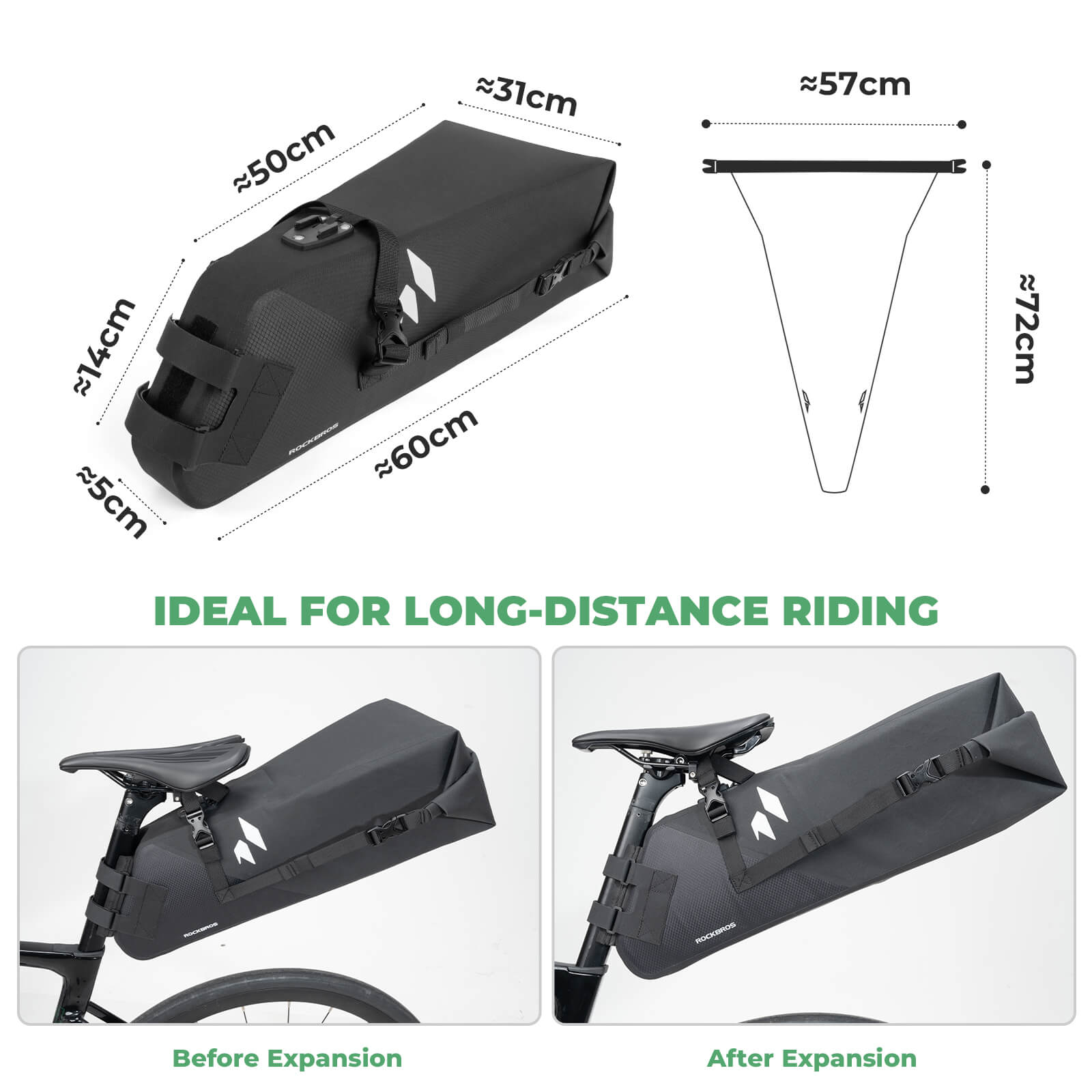 rockbros waterproof 13l saddle bag for rainy day cycling.