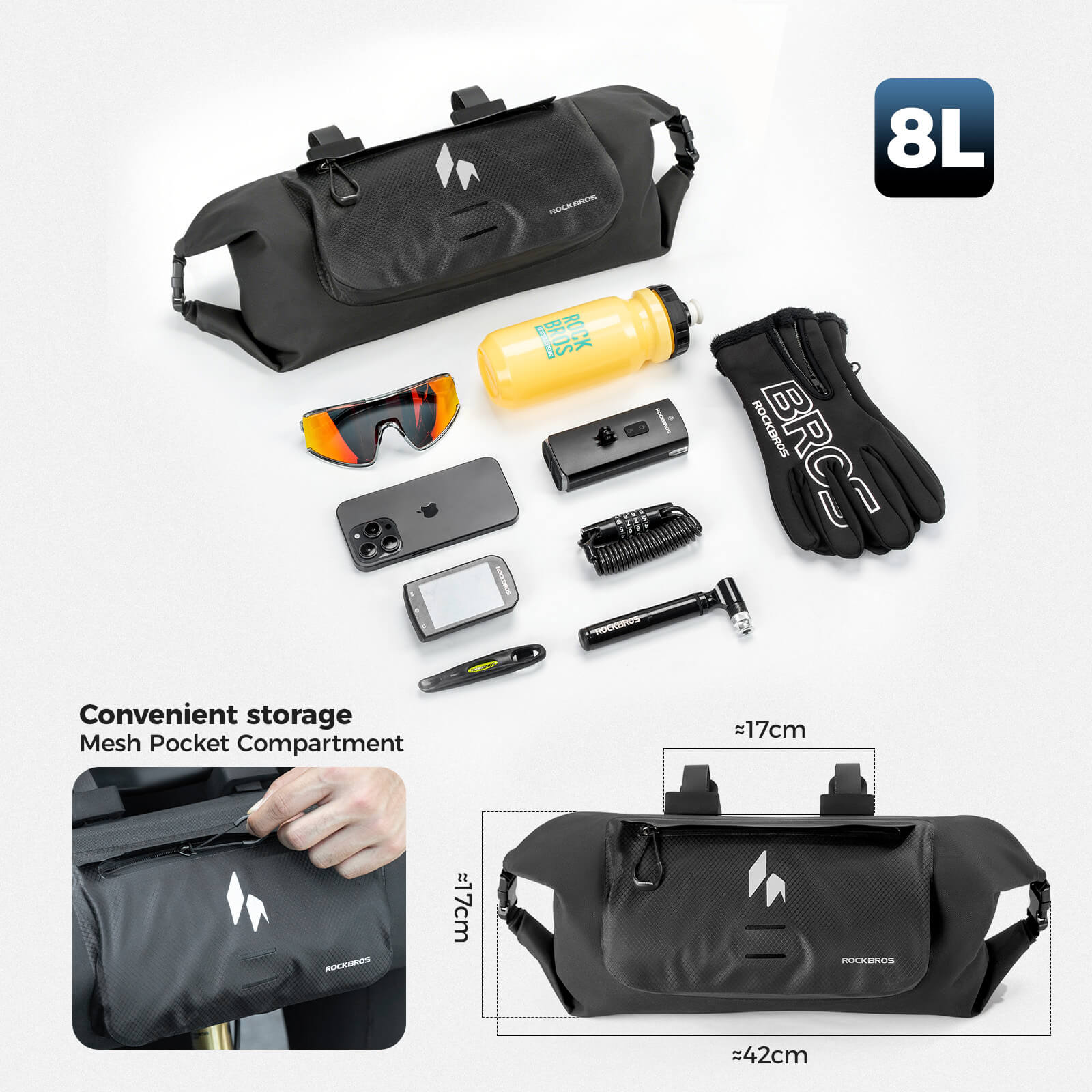 ROCKBROS waterproof 8l handlebar bag for rainy day cycling.