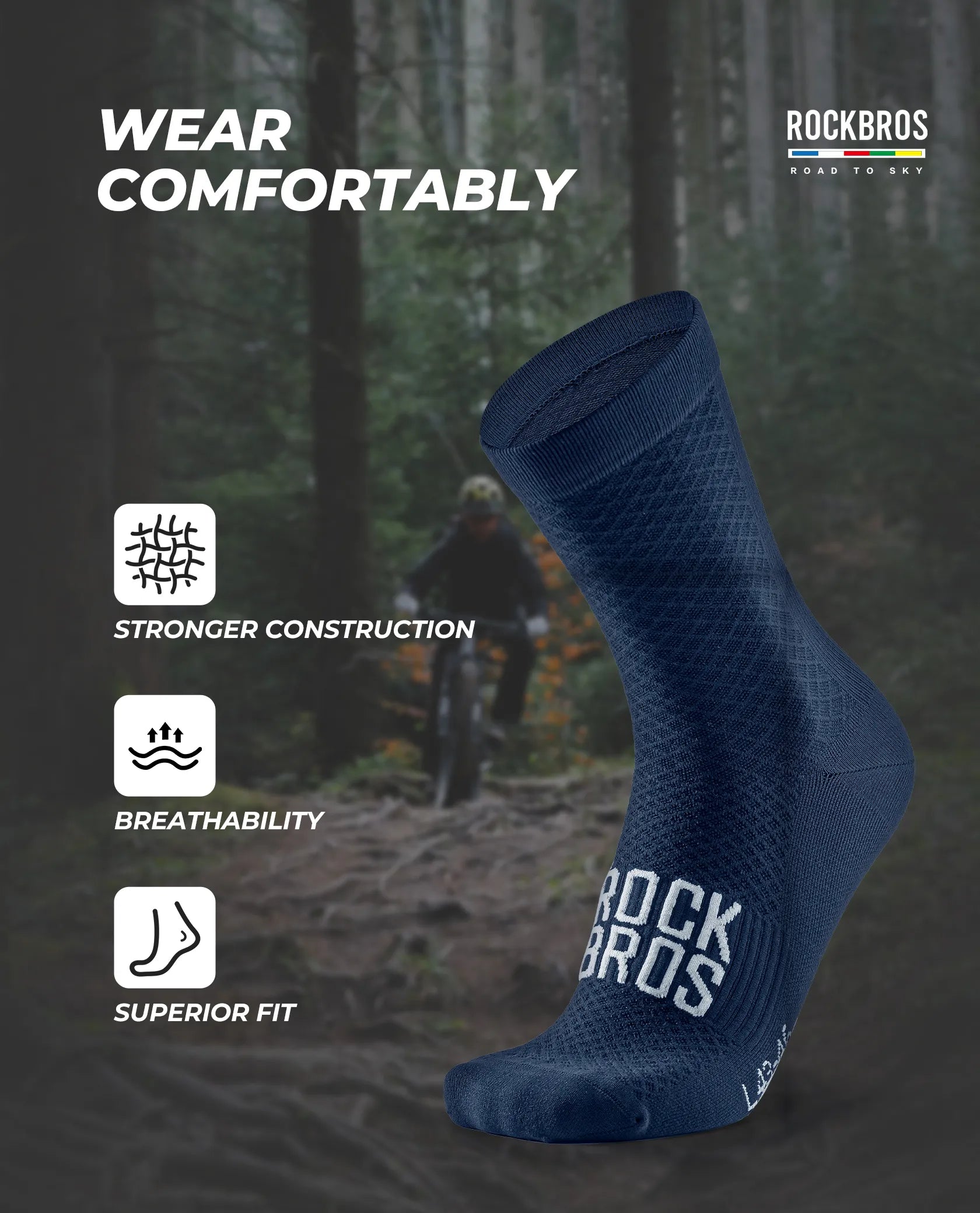 ROCKBROS Road to Sky series professional cycling socks with elastic rib cuff for men and women.
#color_blue
