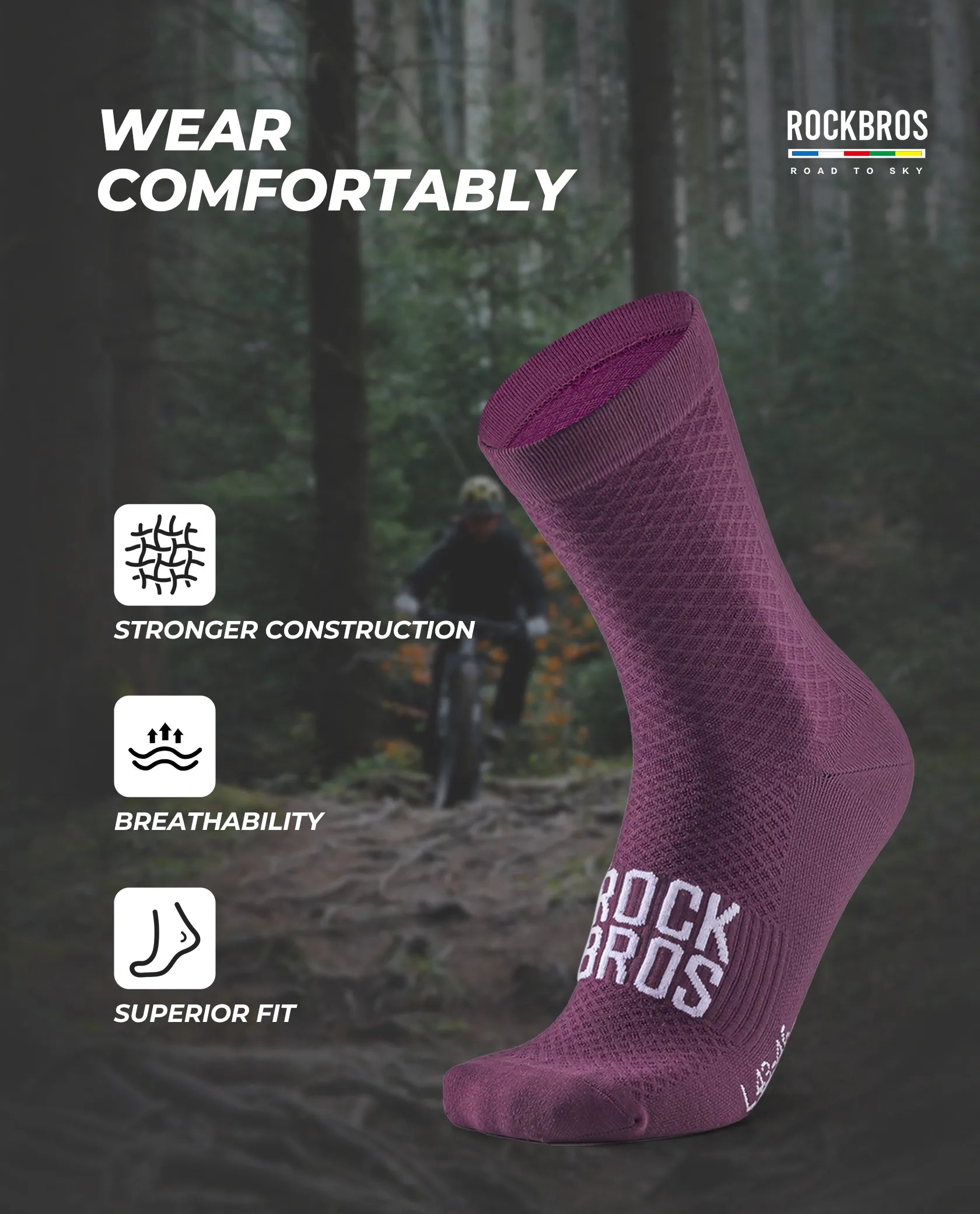 ROCKBROS Road to Sky series professional cycling socks with elastic rib cuff for men and women.
#color_purple