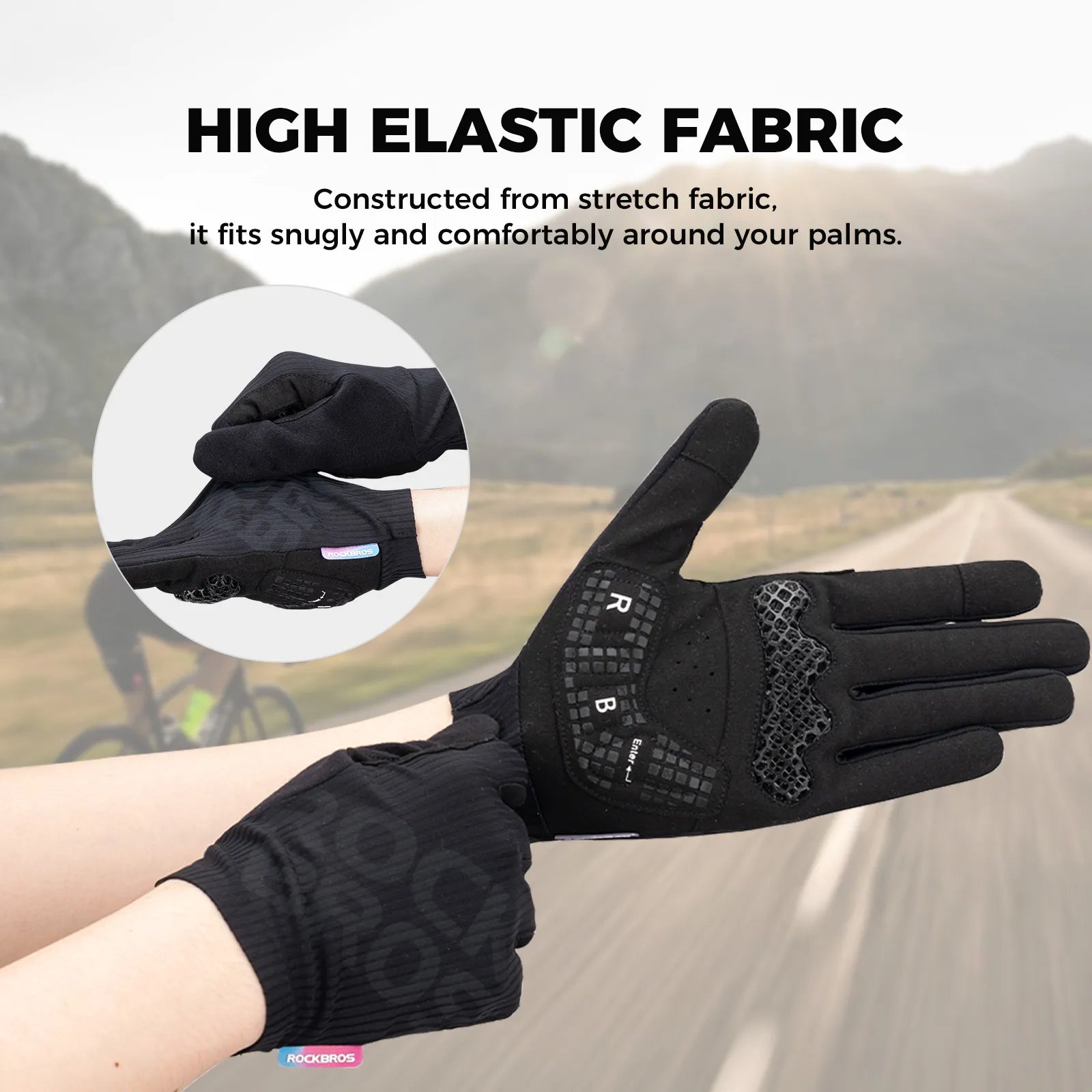 ROCKBROS S405 3D full finger cycling gloves in black, touchscreen compatible and breathable.
#color_black