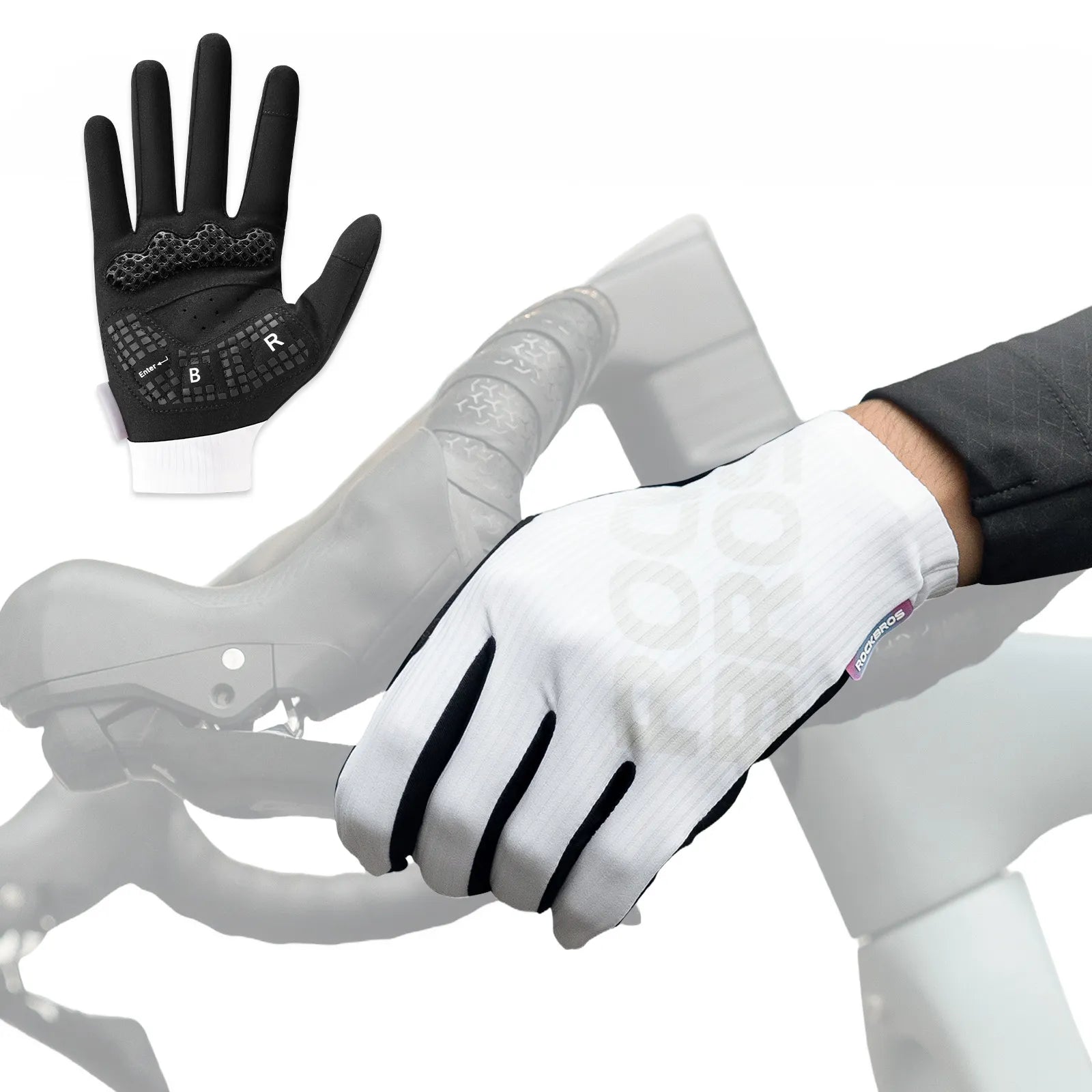 ROCKBROS S405 3D full finger cycling gloves in black, touchscreen compatible and breathable.
#color_white
