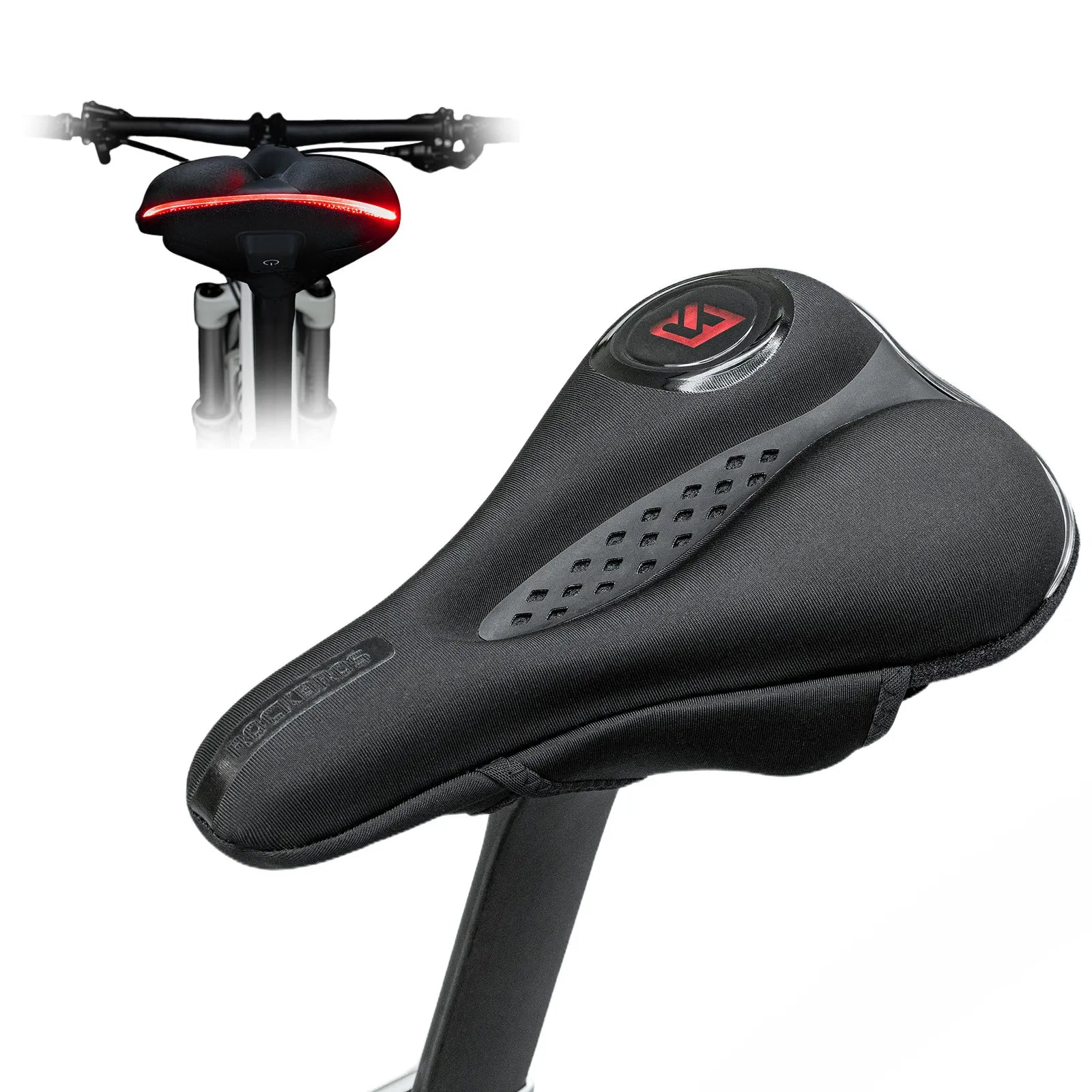 ROCKBROS soft bike saddle cover with built-in LED rear light for night riding comfort.
#options_with light