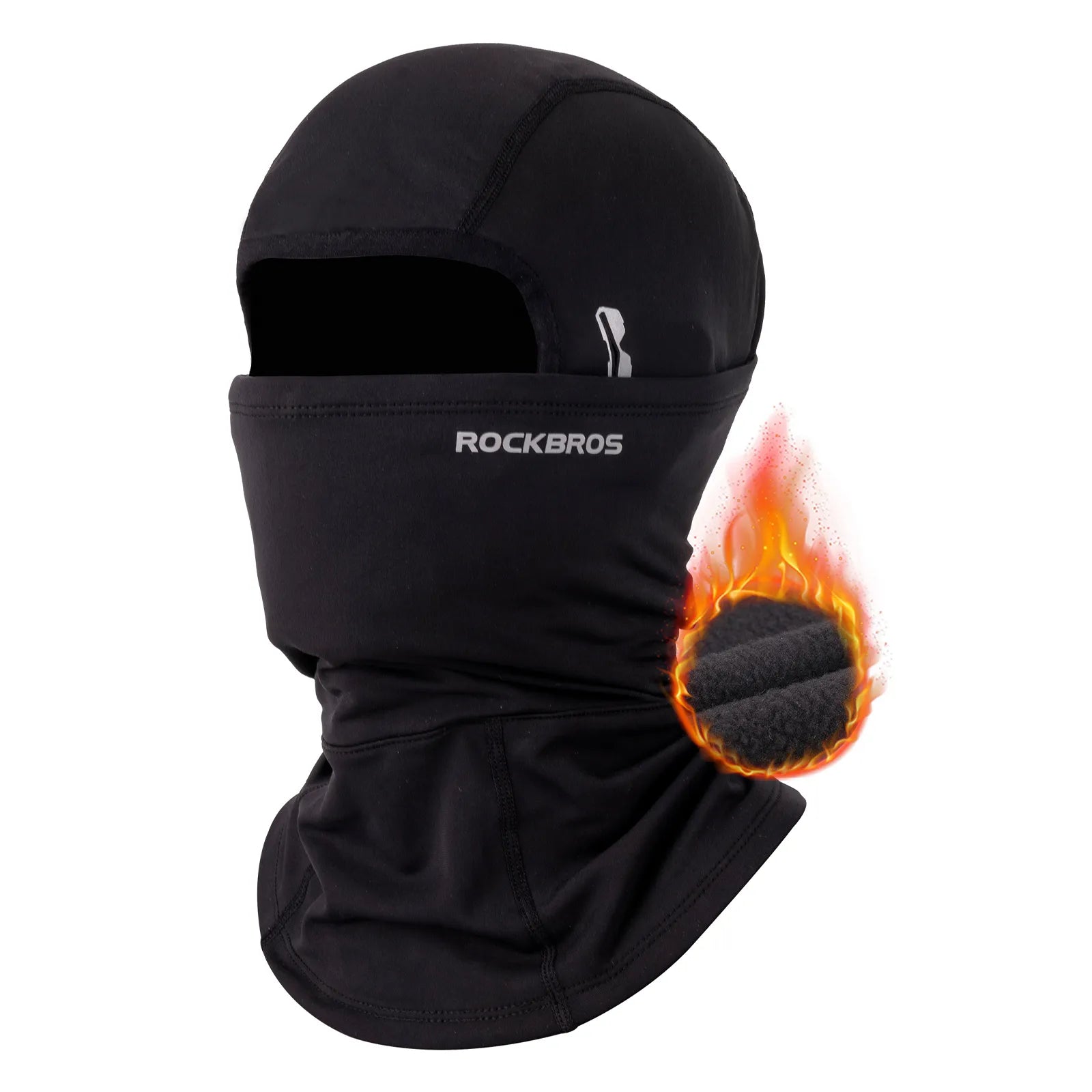 Rockbros thermal riding balaclava with fleece lining in black, main front view.